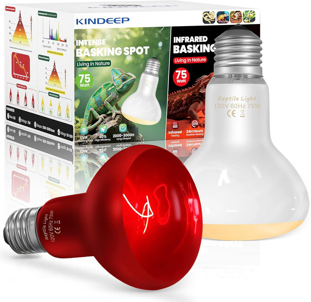 KINDEEP 75W Reptile Heat Lamp Bulbs: Reptile Day & Night Basking Spot Bulb Combo Amphibian Infrared Heat Lamp Bulb - UVA Basking Spot Daylight Heating Light Bulb for Lizard Tortoise Snake