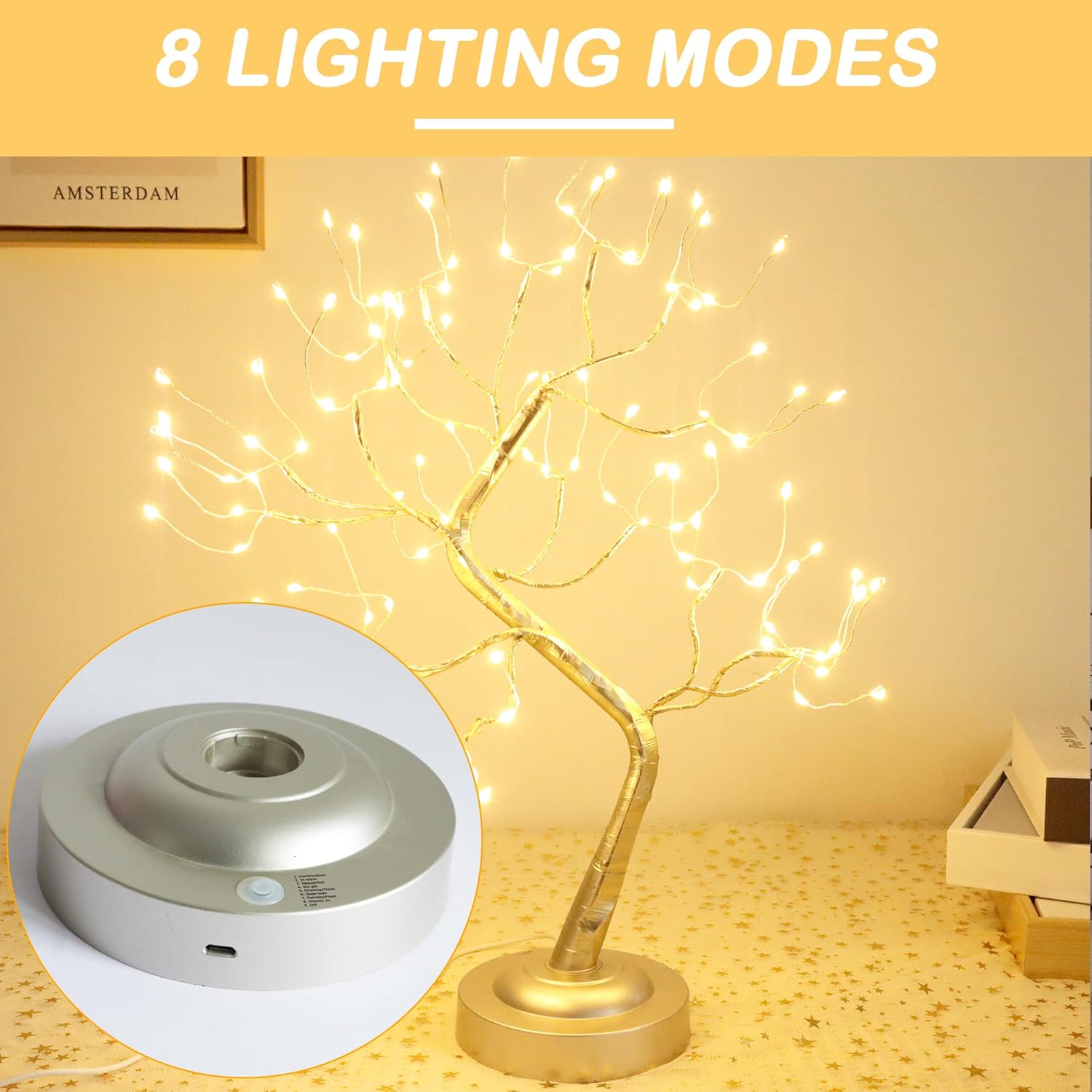 Fairy Light Tree 108 Led Twinkle Tree Fairy Light Spirit Tree Lamp Battery/USB Operated 6 Hours Timer Function with 8 Lighting Mode Golden Adjustable Branches Home Decoration (Warm White)