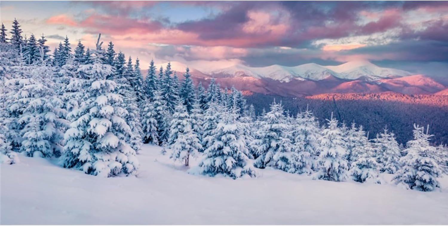 YongFoto Winter Snow Scene Fish Tank Background 72x16 inch Snowfield Pine Forest Rime Sunglow Rosy Clouds Polyester Backdrop Reptile Terrarium Aquarium Bearded Dragon Habitat Background