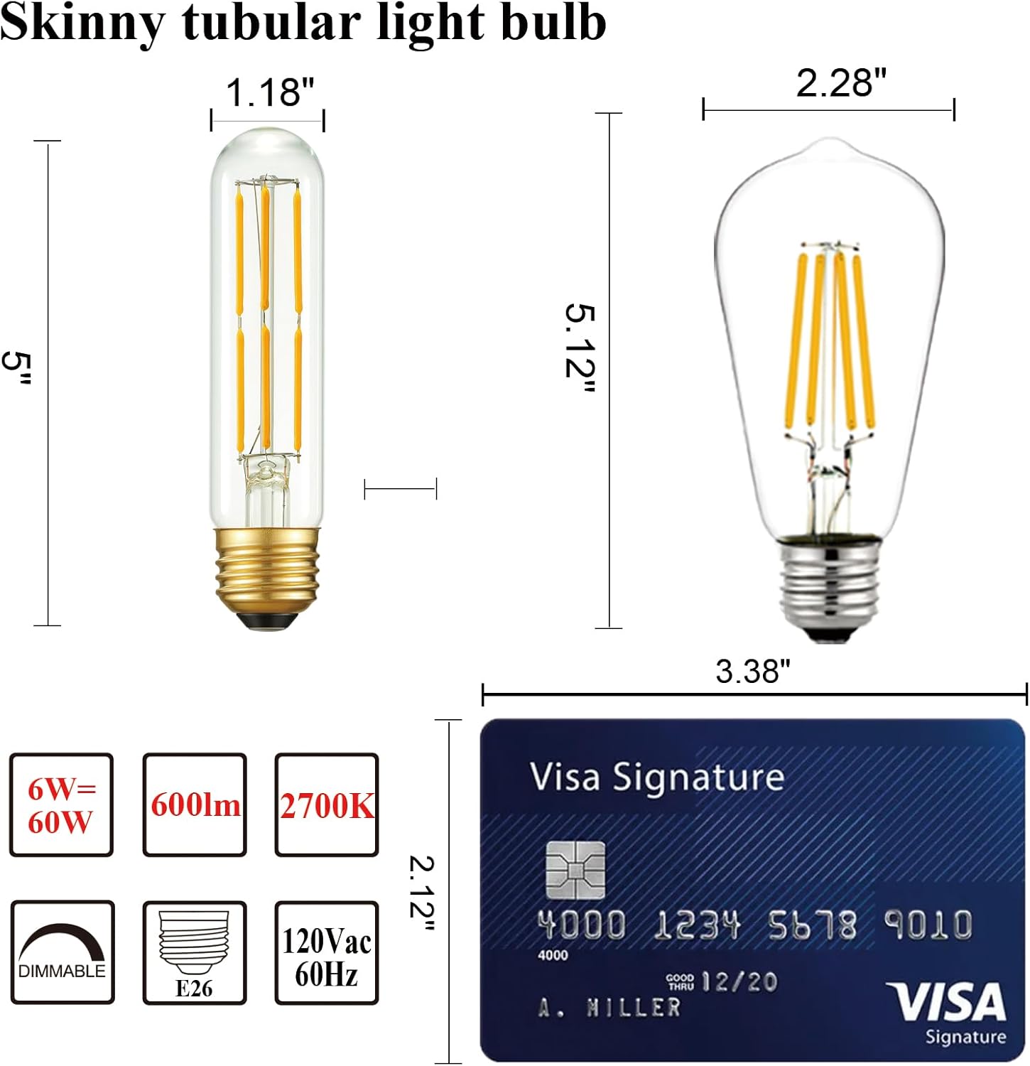 Arberlic 5 Inch T10 LED Bulb,6W Tubular Light Bulb Equivalent E26 led Bulb 60 watt dimmable,Warm White 2700K,600lm,CRI85+,AC120V,Edison Style,Clear Glass,Flicker Free,Pack of 6