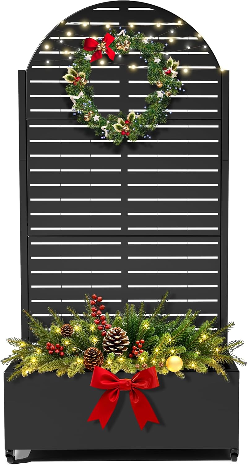 FENCY Metal Raised Garden Bed with Wheels and Trellis,Arched 73"x35"x16" Planter Box for Climbing Plants, Vegetables & Vines, Features Privacy Screen and Drainage Holes (Black-Louvered)
