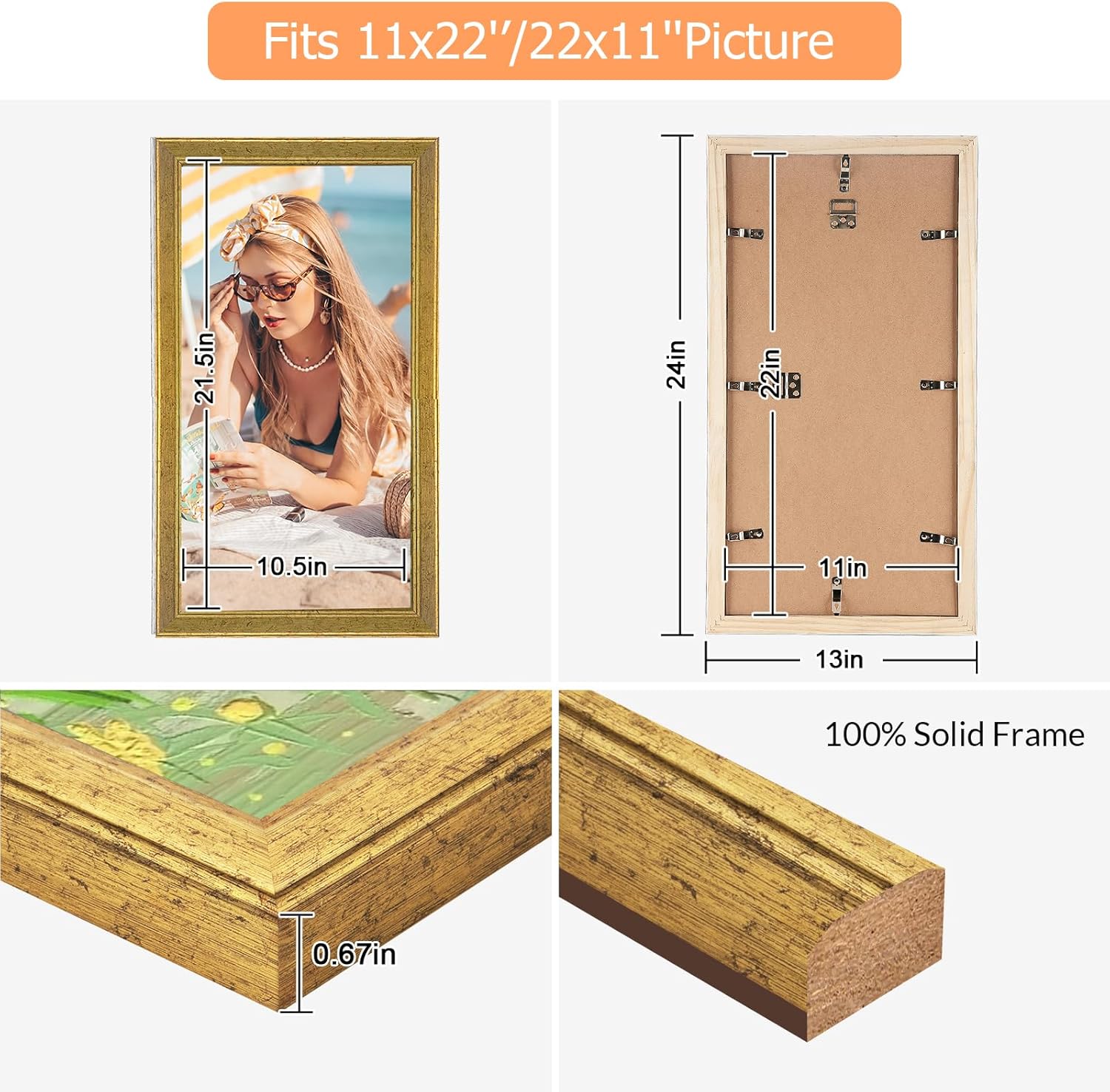 Wood 11x22 Frame Gold, Ornate Natural 22x11in Poster Picture Frame, Modern Golden 11 x 22inch Gallery Wall Photo Frame with HD Plexiglass, Horizontal Vertical Wall Mounting Display 1pcs
