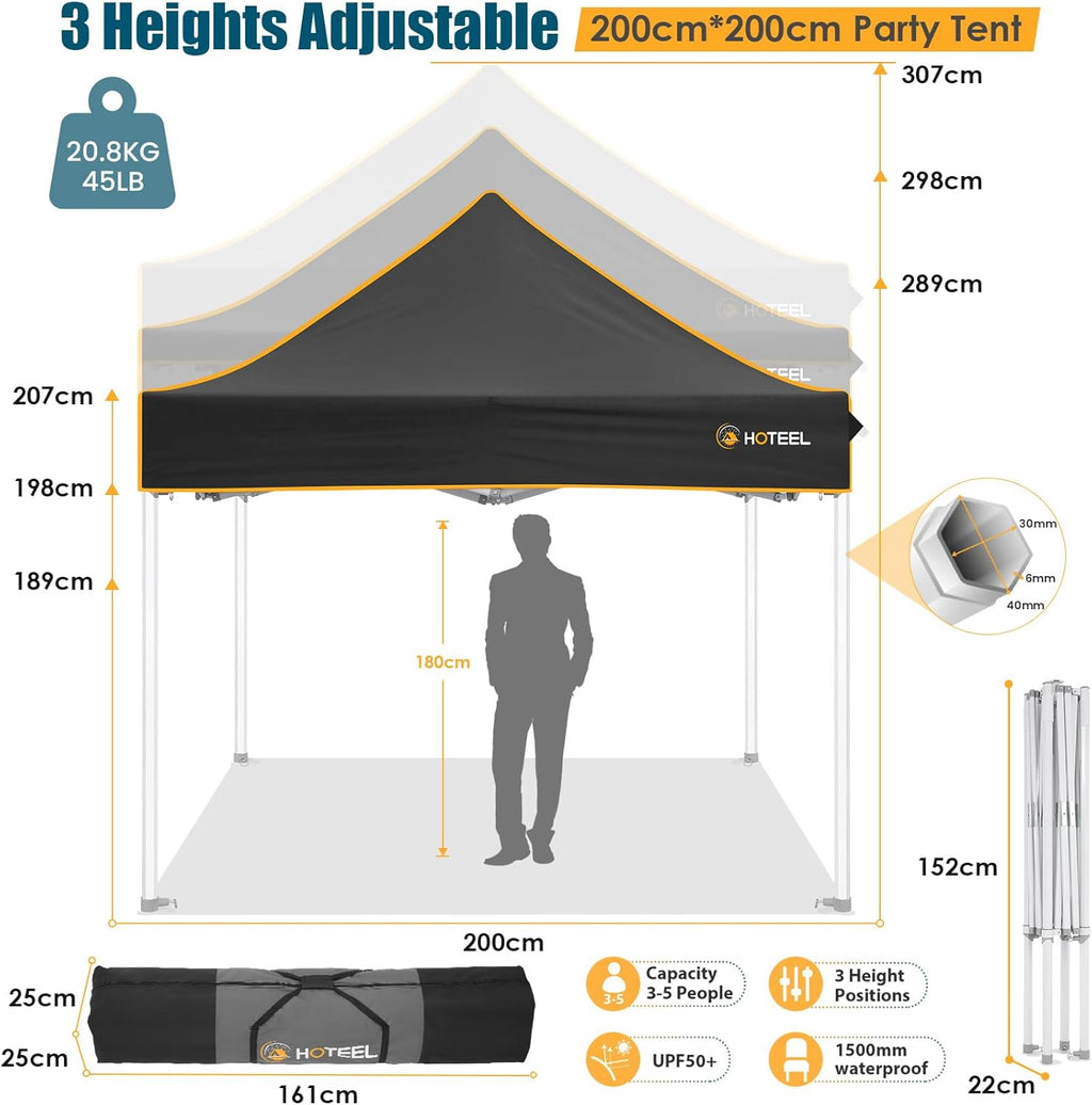 Hoteel 6.6 x 6.6 Pop up Canopy,Easy Up Heavy Duty Canopy with 4 Sidewalls,Upgrade Hexagonal Tube UPF50+ 1500mm Waterproof,Outdoor Canopy Tent with Carry Bag for Commercial Events,Beach,Camping,Black