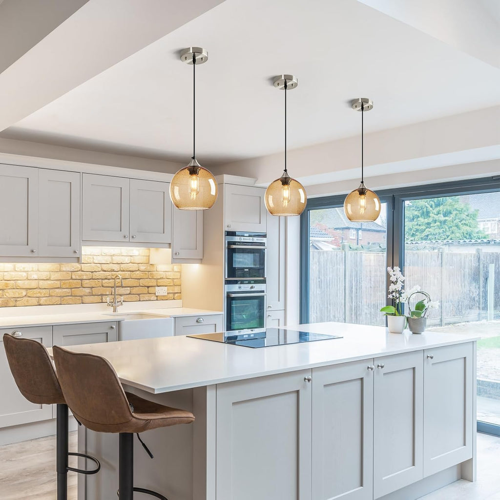 Light Brown Glass Pendant Lights Kitchen Island Lighting Globe Pendant Light Fixtures Modern Pendant Lighting for Bedroom Living Dining Room Light Fixture (7.87 in, 1 Pack)