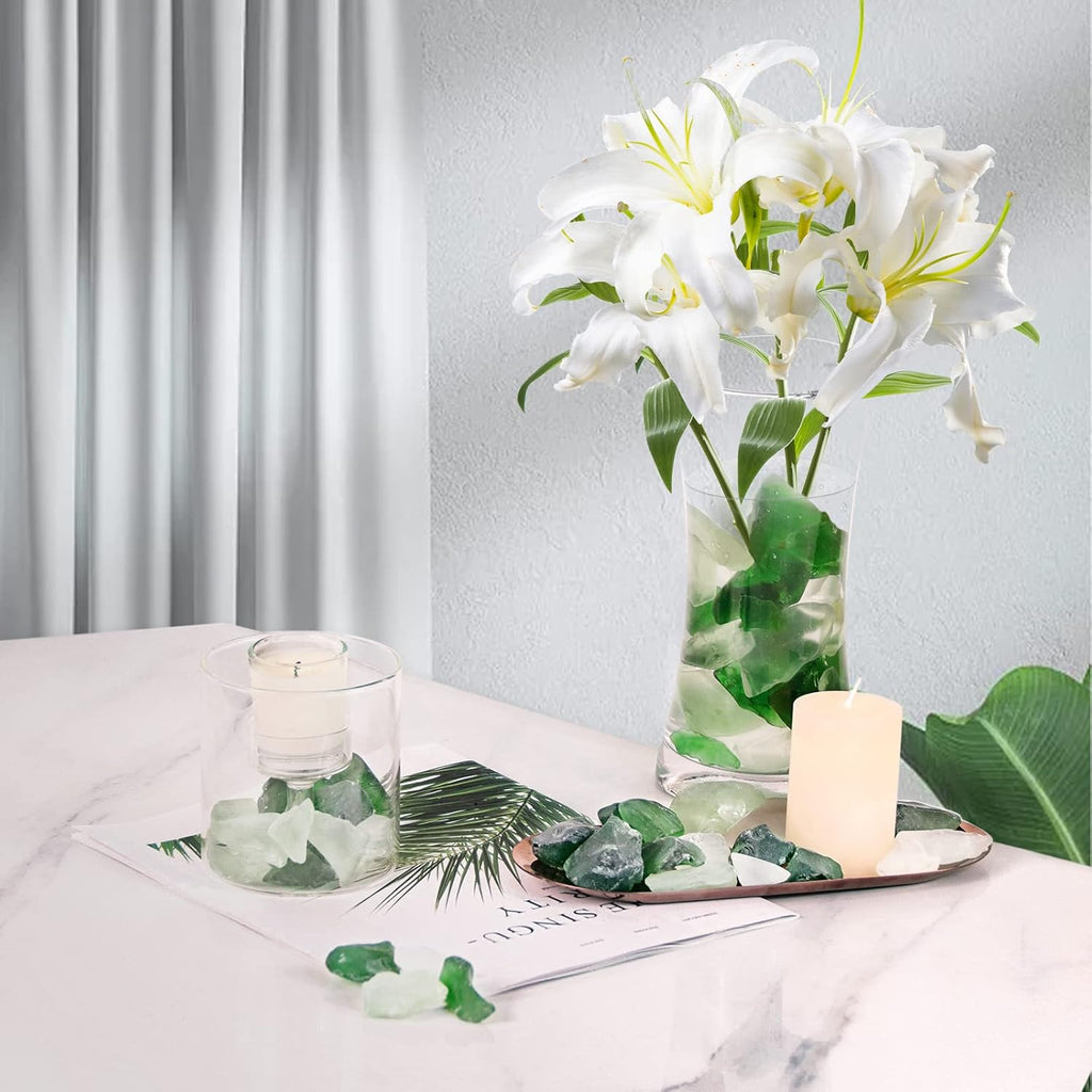 5LB Frosted Sea Glass Vase fillers Crushed Glass, Sea Glass Decor Ideal for Christmas DIY Craft, Aquarium Gravels, Home Decor Crushed Sea Glass Pieces for Beach Wedding, 0.7-3Inch Green Mixed