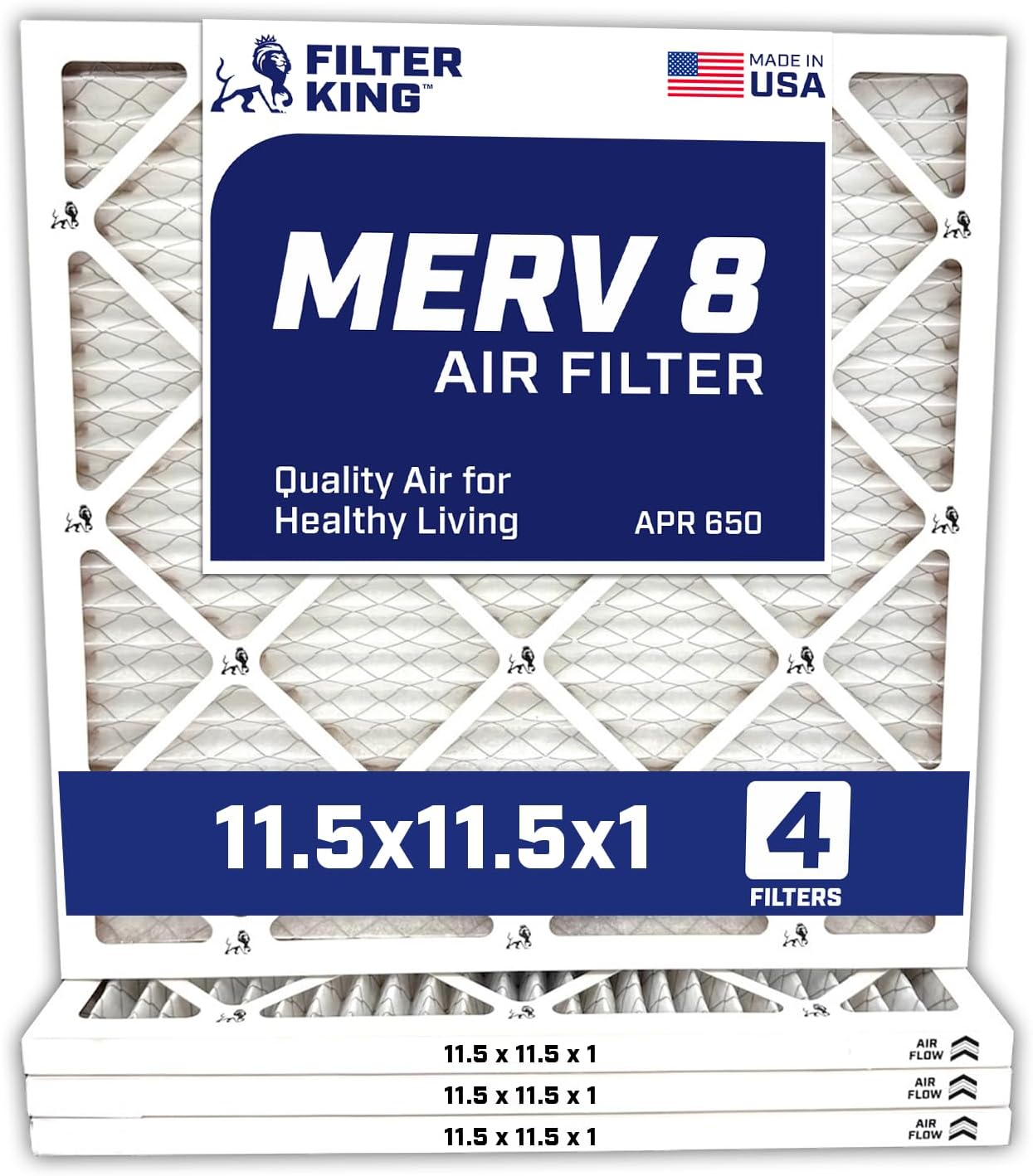 Filter King 11.5x11.5x1 Air Filter | 4-PACK | Carbon MERV 8 HVAC Pleated A/C Furnace Filters | MADE IN USA | Actual Size: 11.5 x 11.5 x .75"