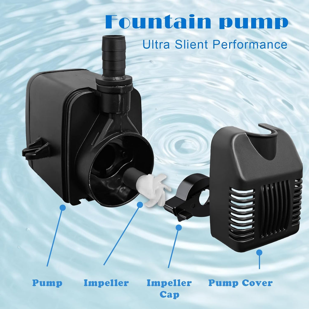 Pump 800GPH Ultra Quiet with Dry Burning Protection 8.8ft High Lift for Fountains, Hydroponics, Ponds, Aquariums (800GPH,24W)