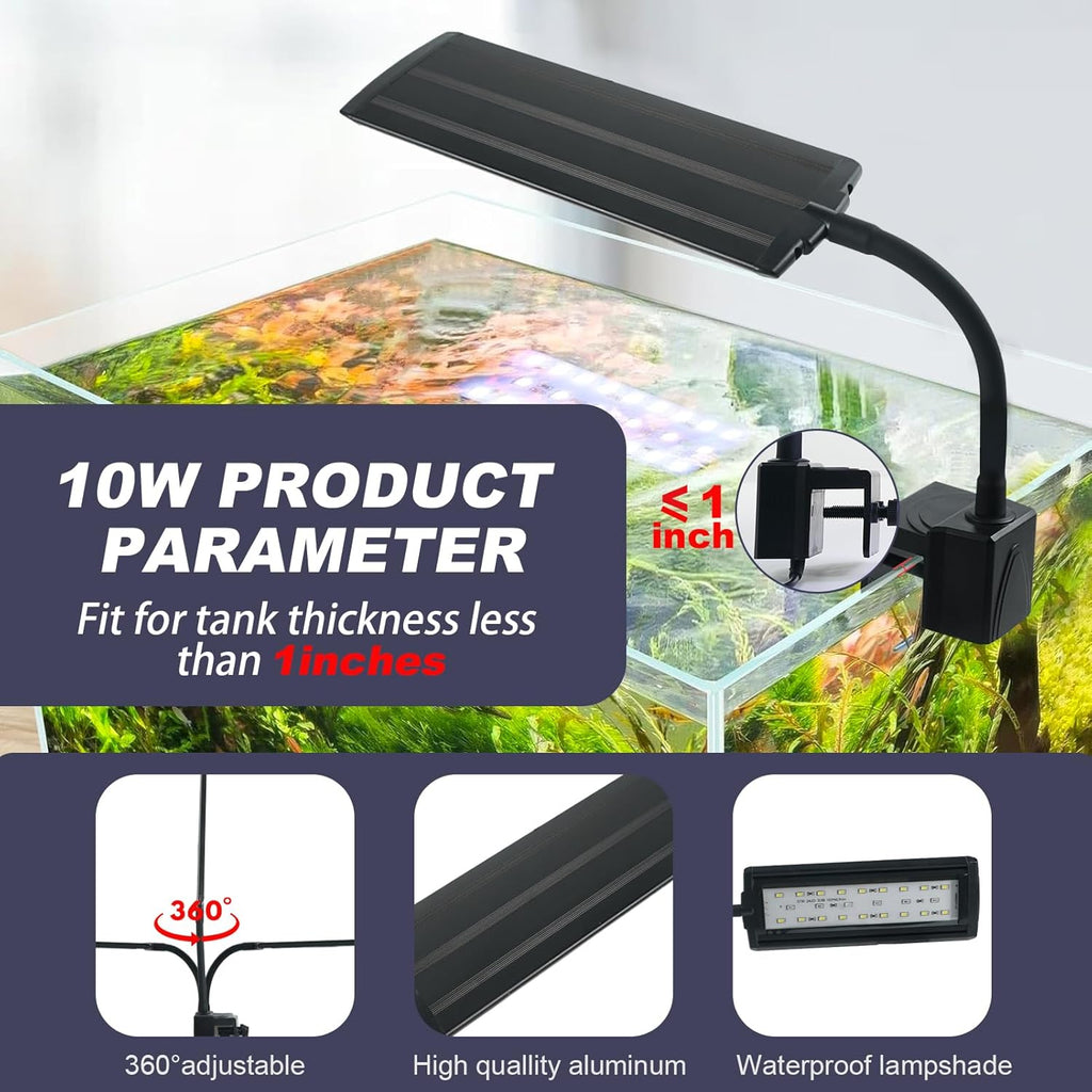 Clip on Aquarium LED Light,Fish Tank Light for 5-20 Gallon,with Timer Auto On/Off 24-Hour Cycle, White Blue Red LEDs Lighting Built-in 5 Brightness Levels Memory Function