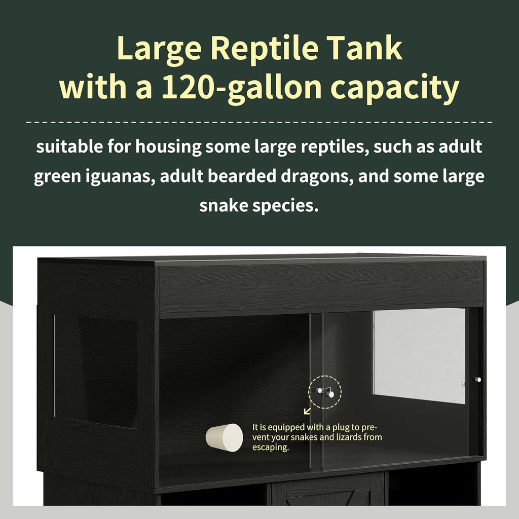 120 Gallon Reptile Tank with Stand, 4x2x2 Terrarium Enclosure for Bearded Dragons, Snakes, Lizards – Sliding Acrylic Doors, Mesh Top, Storage Cabinet, Built-in Power Outlet Black PX01RTB
