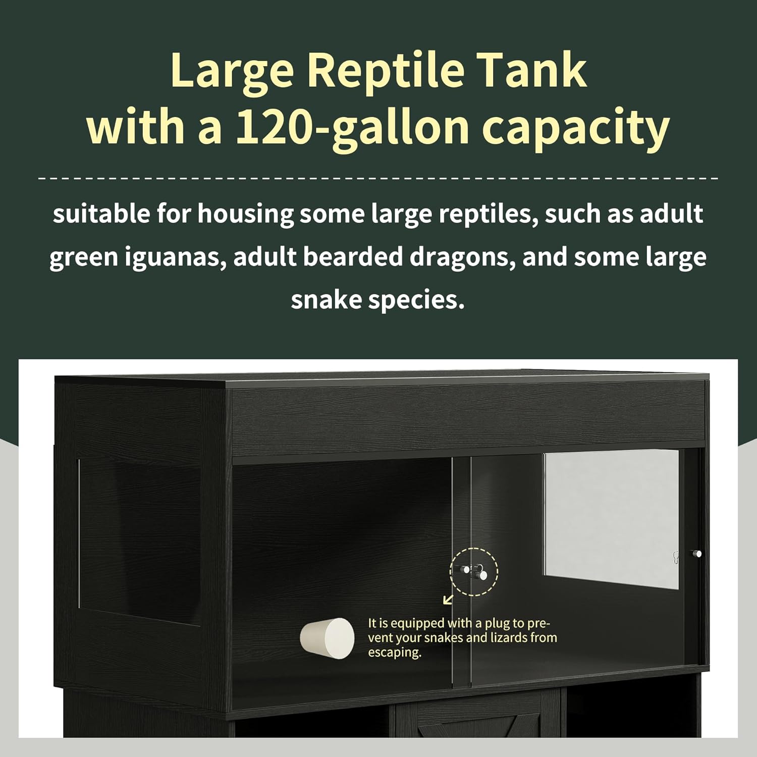 120 Gallon Reptile Tank with Stand, 4x2x2 Terrarium Enclosure for Bearded Dragons, Snakes, Lizards – Sliding Acrylic Doors, Mesh Top, Storage Cabinet, Built-in Power Outlet Black PX01RTB