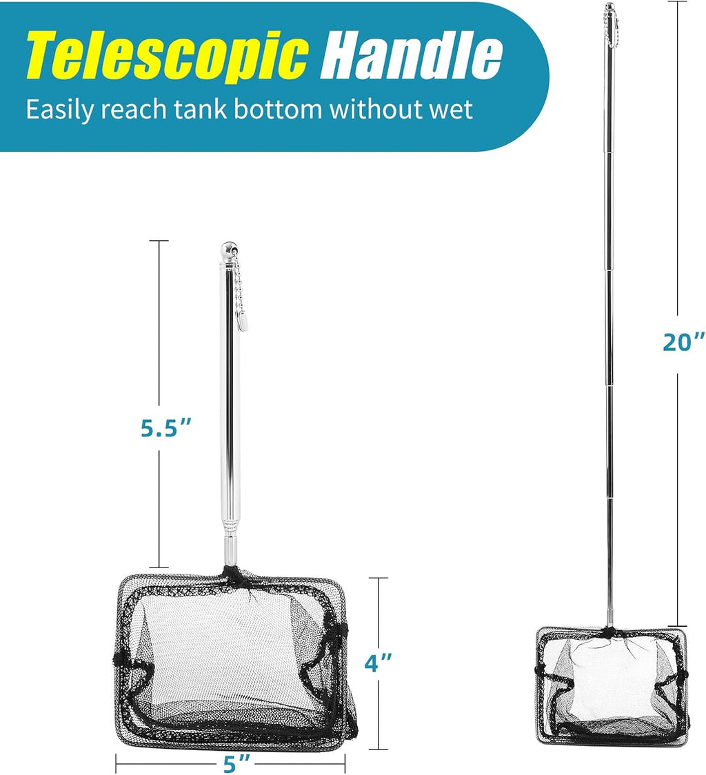AQUANEAT Aquarium Net with Extendable Long Handle, Adjustable Wastes Skimming Cleaning Tools for Fish Tanks, 5 inch