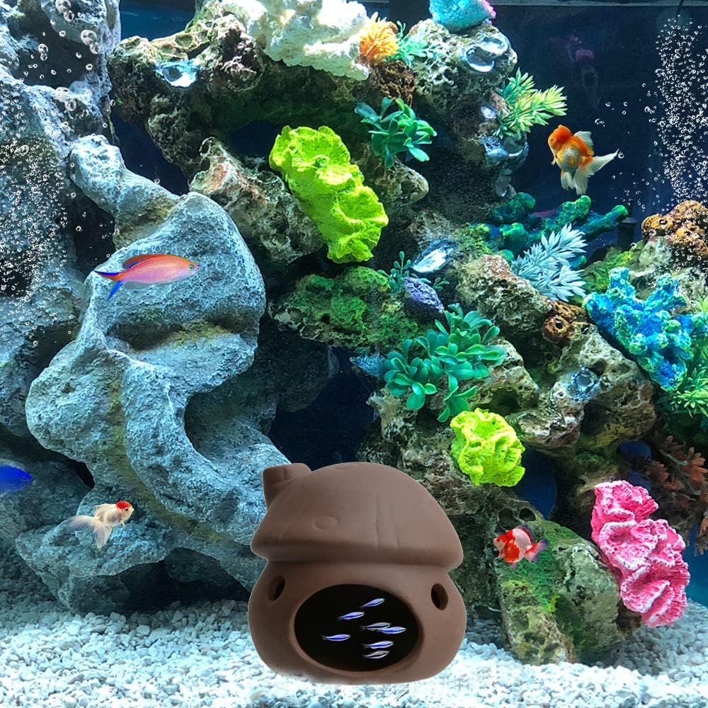 Aquarium Decor Ceramic Mushroom House Ornament Fish Tank Landscape Decoration Pottery Hide Cave Habitat Hut Small Shrimp for Goldfishes to Rest Breed Hiding (Brown)