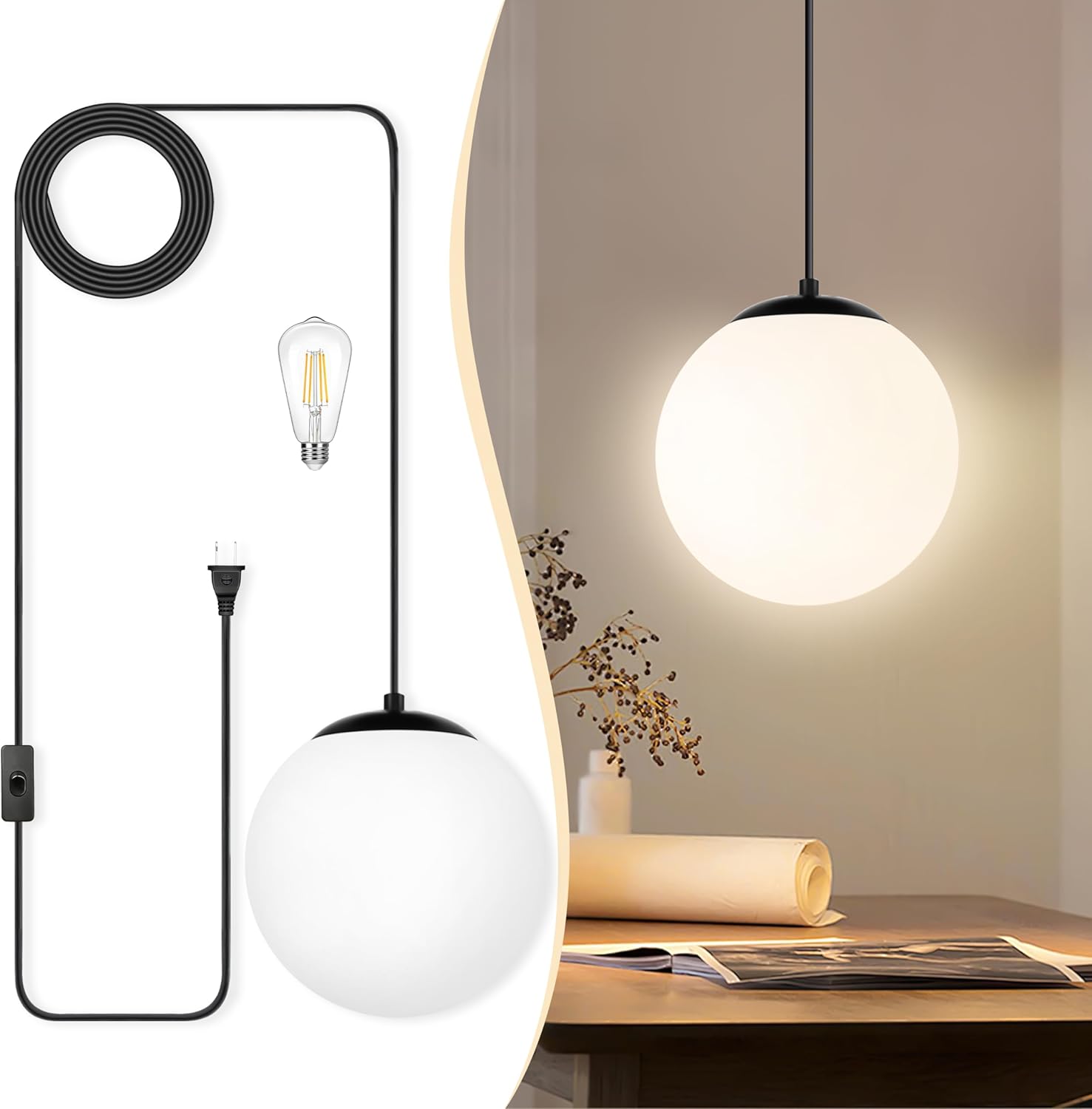 KoKo&Yukina 10" Globe Pendant Light Black Plug in Pendant Light Adjustable Hanging Lights with Plug in Cord Matte Black Finished with Milk Glass Lampshade for Bedroom Kitchen Island（Bulb Included）