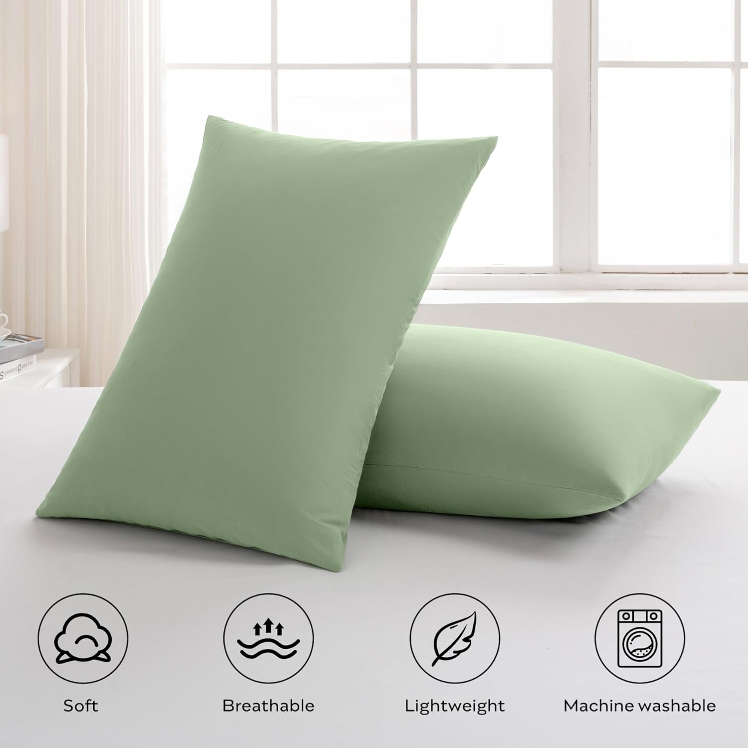 JELLYMONI Pillowcases King Set of 2 Cotton Envelope Pillow Covers Light Green 20×36in Bed Pillow Case 100% Washed Cotton Soft Breathable (Pillows are not Included)