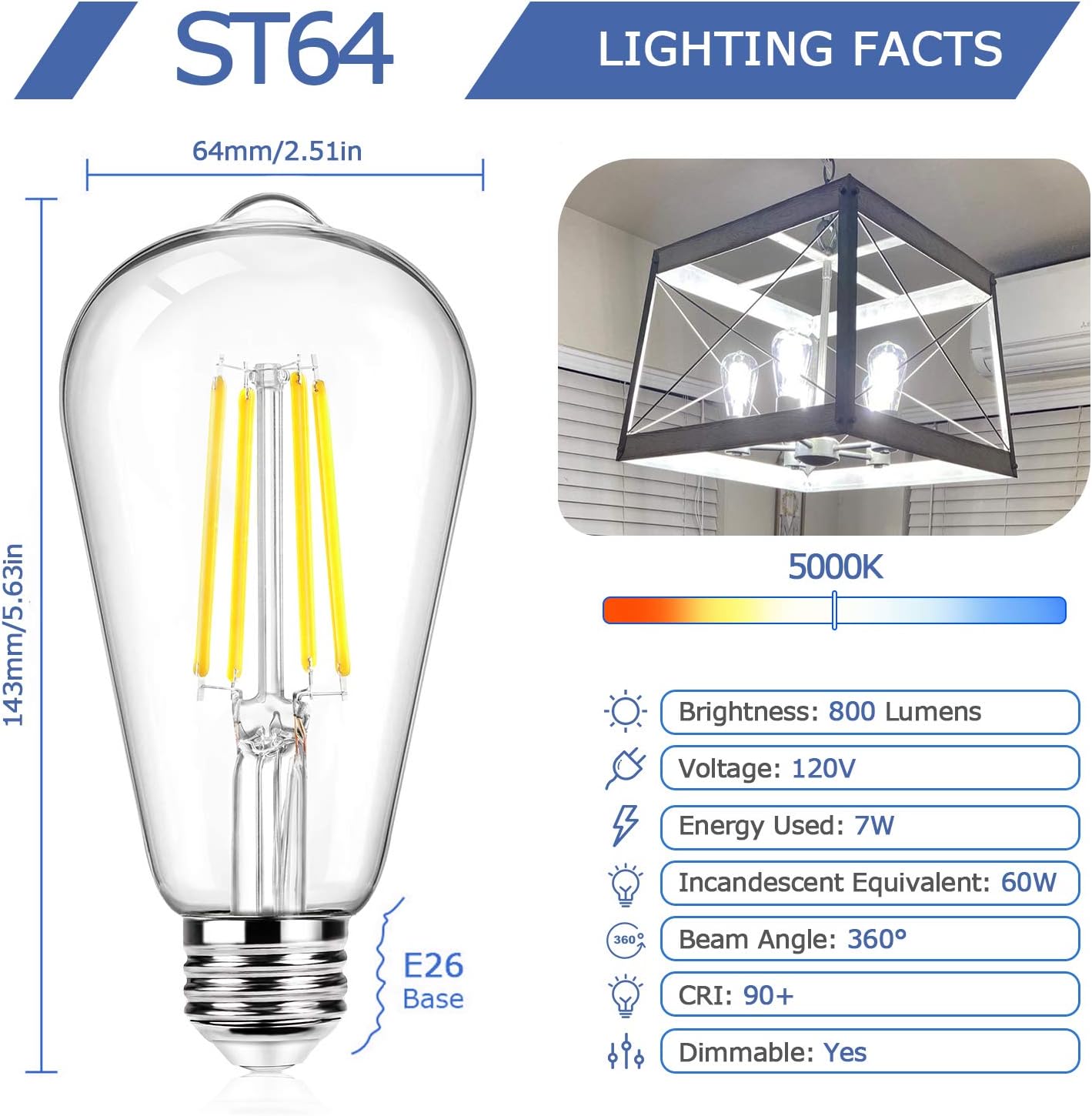 12Packs ST64 Large Vintage LED Edison Bulbs, 60W Equivalent 7W, 800Lumens, Dimmable Antique LED Filament, 5000K Cool White, E26 Medium Base Light Bulbs High Brightness Clear Glass for Bedroom Office