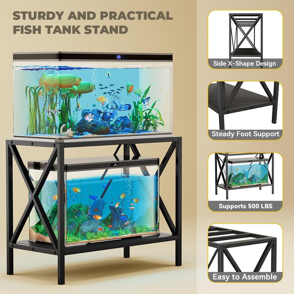 DWVO 10-40 Gallon Fish Tank Stand, Aquarium Stand with 2-Tier Storage Shelf, Heavy Duty Reptile Breeder Turtle Tank Terrarium Rack Table for Home Office, Black, X-Shape
