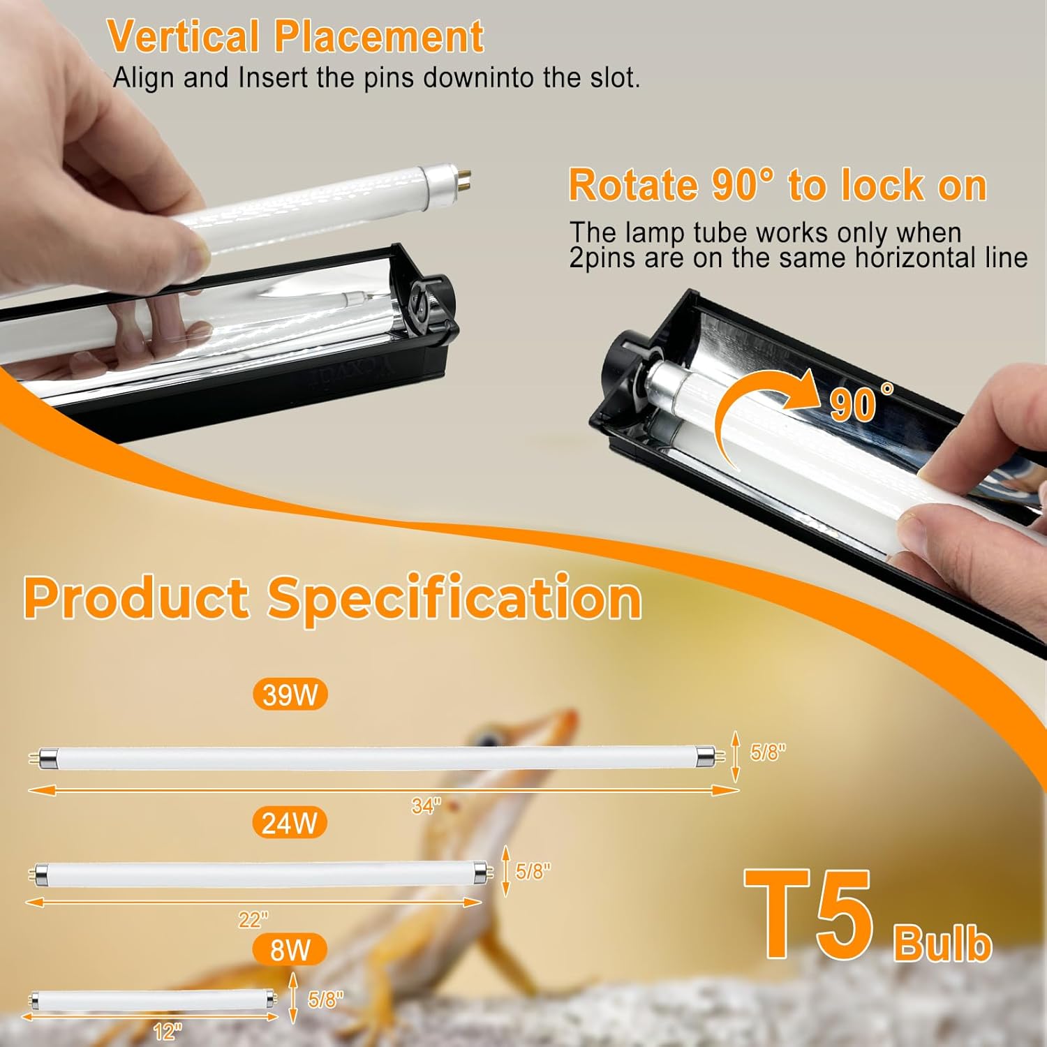 2 Pack T5 HO 10.0 UVB Reptile Bulb 24W, 22-Inch UVA UVB Light for Reptiles, Fluorescent Lamp Tube for Bearded Dragons, Turtles, Chameleons, Lizards, Tropical Desert UVB Lighting