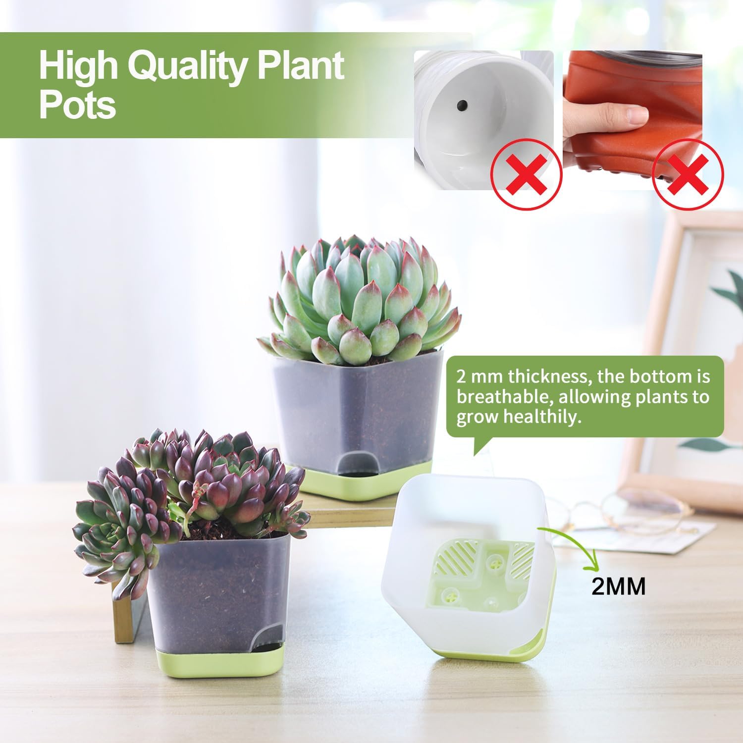 20 Pack 3 Inch Plastic Succulent Pots with Drainage Holes & Saucers, Square Nursery Planters for Indoor Outdoor Plants, Half Clear Flower Pots