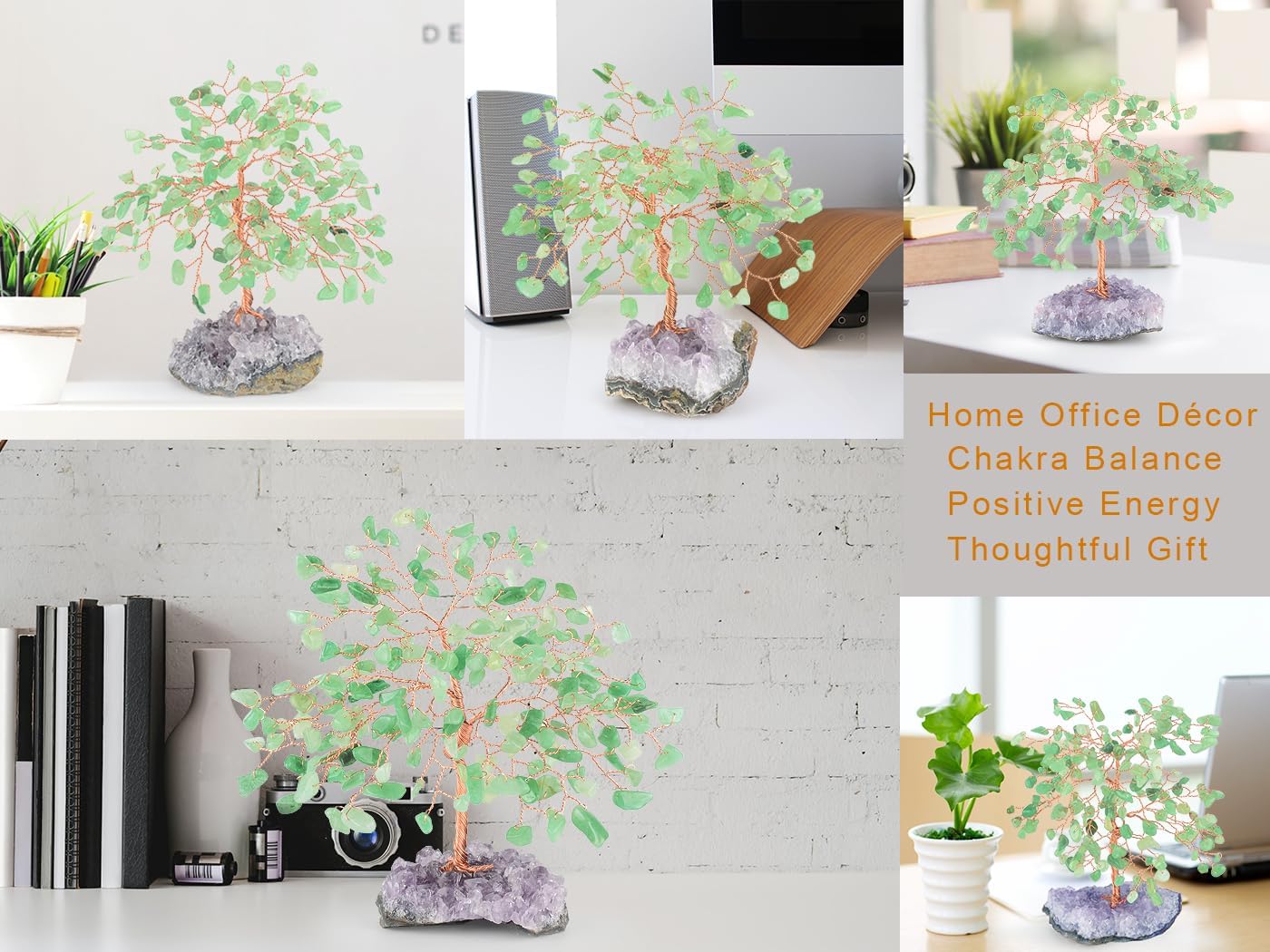 Gemstone Crystal Tree of Life,Natural Green Aventurine with Amethyst Cluster Base,Feng Shui Decor Bonsai Money Tree,Home Decor for Luck and Wealth 5.5"-6.3"