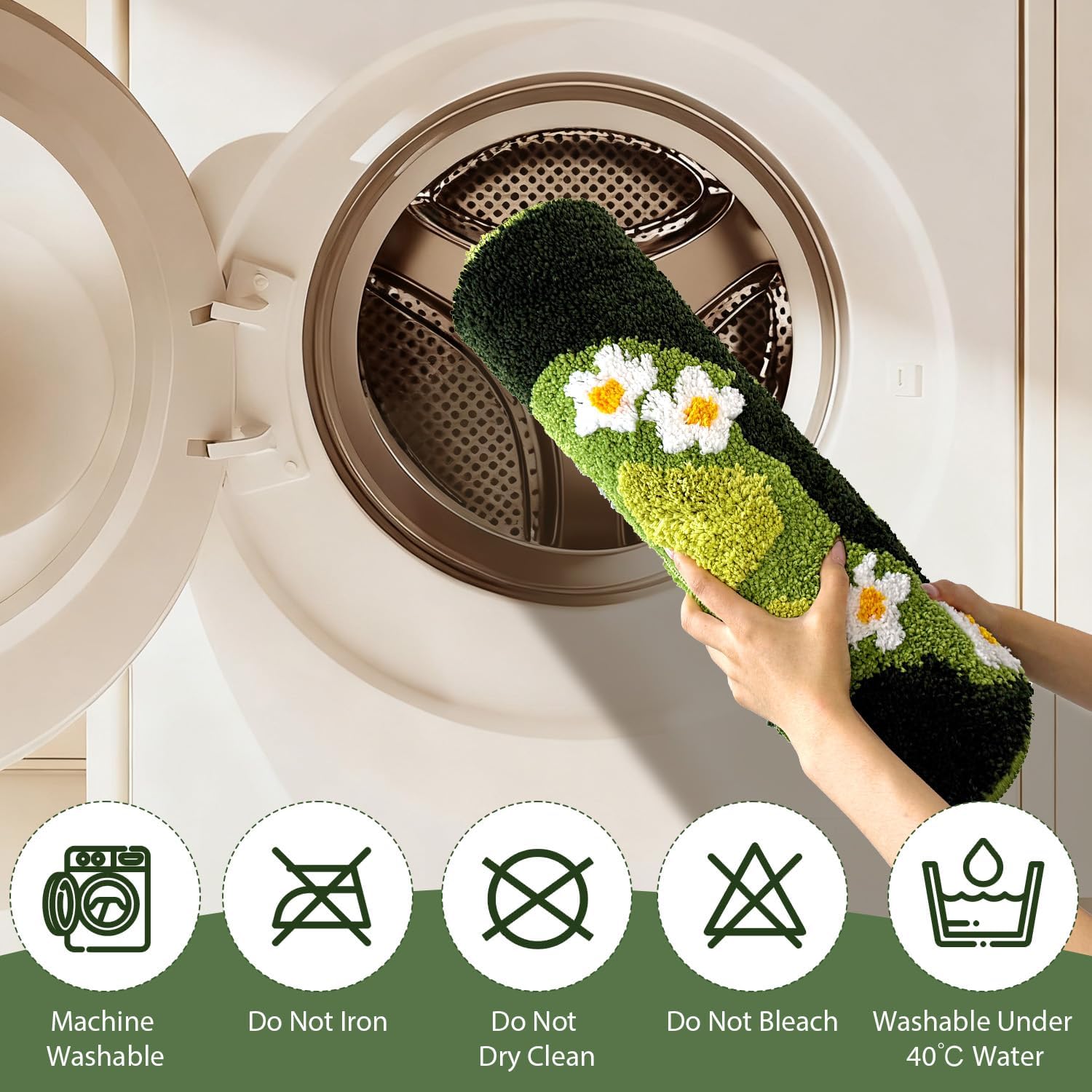 Green Floral Irregular Shaped Rug, Runner, Ultra Thick Soft Microfiber Bath Mat, Water Absorbent Non-Slip Shower Floor Decor, Aesthetic Trendy Rugs for Bedroom, 43x20 Inches