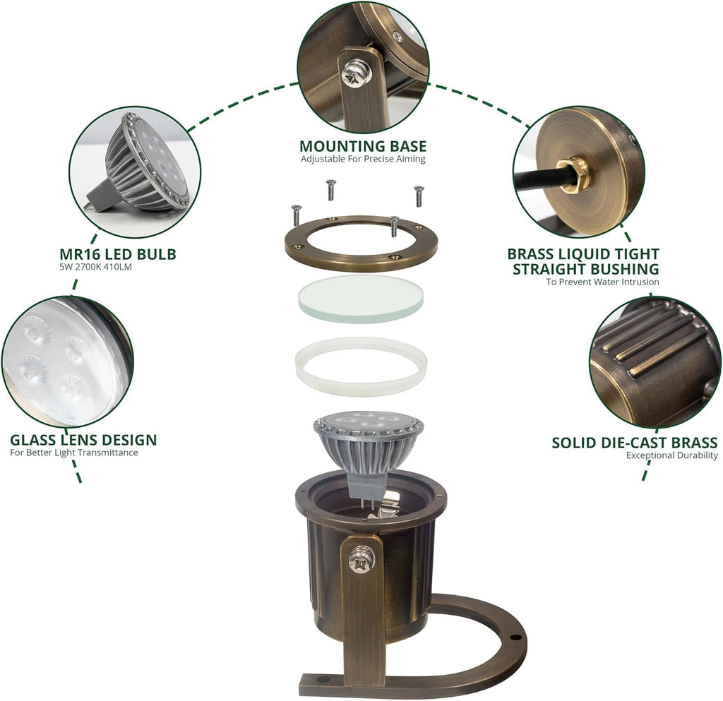 GKOLED Solid Brass Underwater Light, Low Voltage LED Pond Lights, Submersible Fountain Lighting with 5W 2700K 410LM MR16 Bulb, 9-15V AC/DC Outdoor Landscape Waterfall Light, IP68 Rated Pool Spotlights