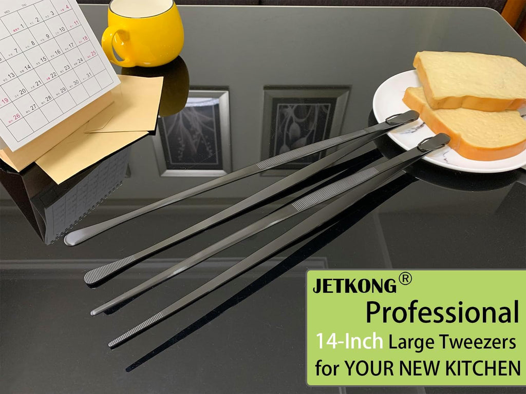 JETKONG 2 Pcs 14-Inch Food Tweezer Tongs Extra Long Stainless Steel Kitchen Tweezer Cooking Tweezers (Black)