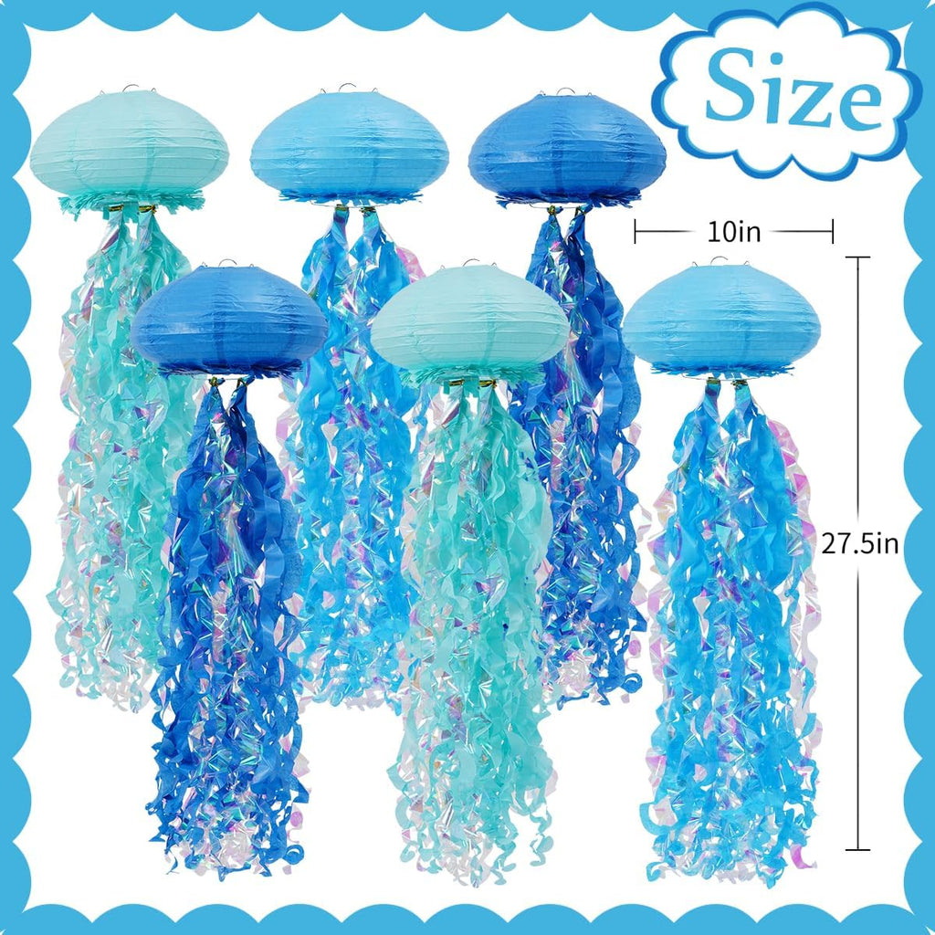 Mermaid Birthday Decorations, Jellyfish Paper Lanterns for Mermaid Party Under The Sea Baby Shower Ocean Blue Birthday Party Decorations Pack of 6 Blue