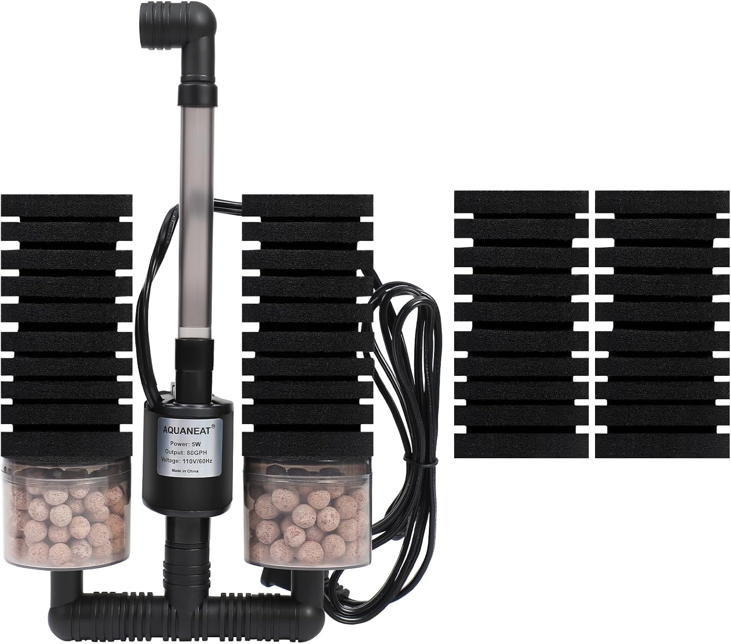 AQUANEAT Aquarium Electric Sponge Filter for Fish Tank, with Pump, with 2 Extra Sponges, Large up to 55Gal