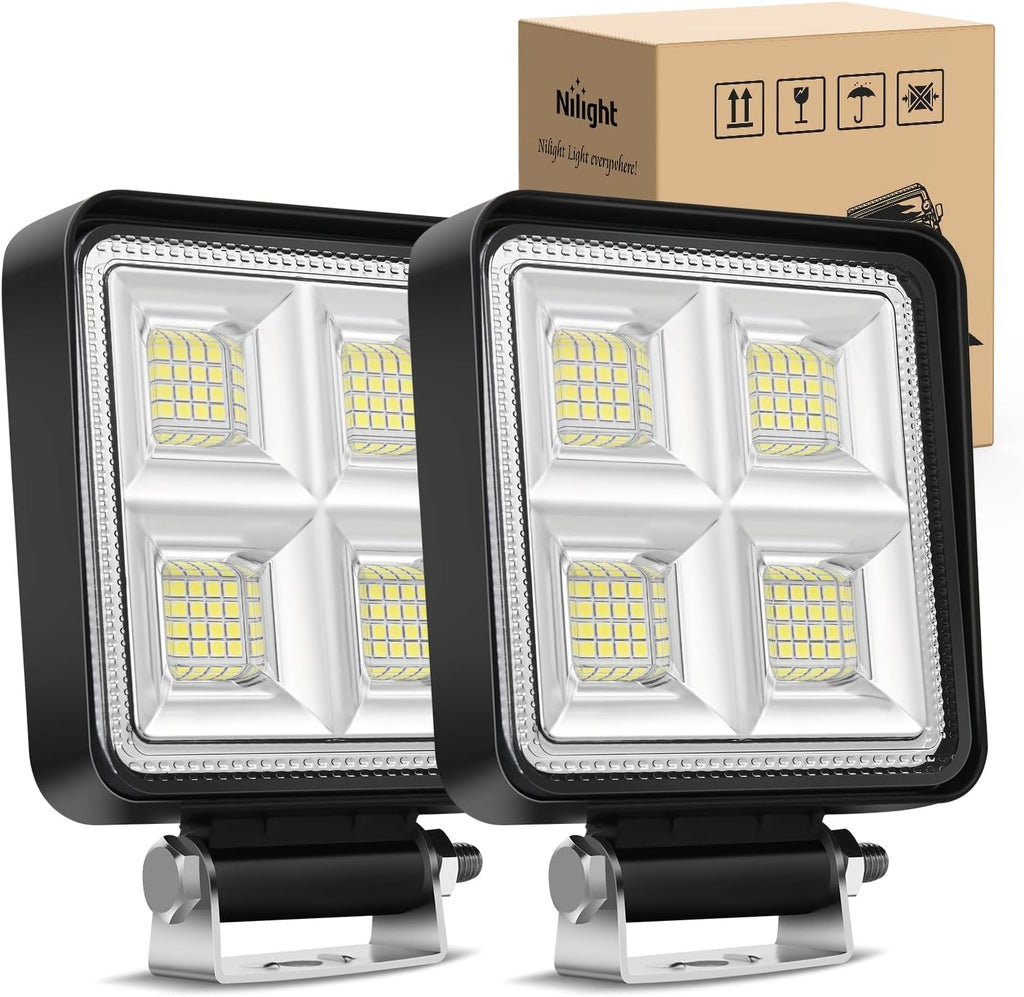 Nilight LED Tractor Lights LED Pods Square 2PCS 4 Inch 64LEDs Flood Light Bar Fog Driving Work Lighting for Truck Off Road Vehicles ATV UTV Boat SUV Van