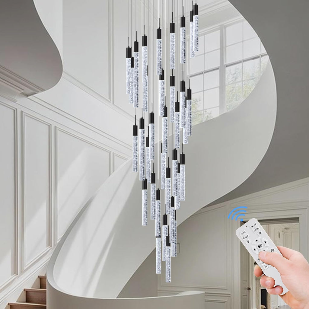 Modern High Ceiling Crystal Foyer Chandelier 36-Lights, H197'' Black Large Spiral LED Bubble Raindrop Lighting Fixture for Staircase Entryway Living Room