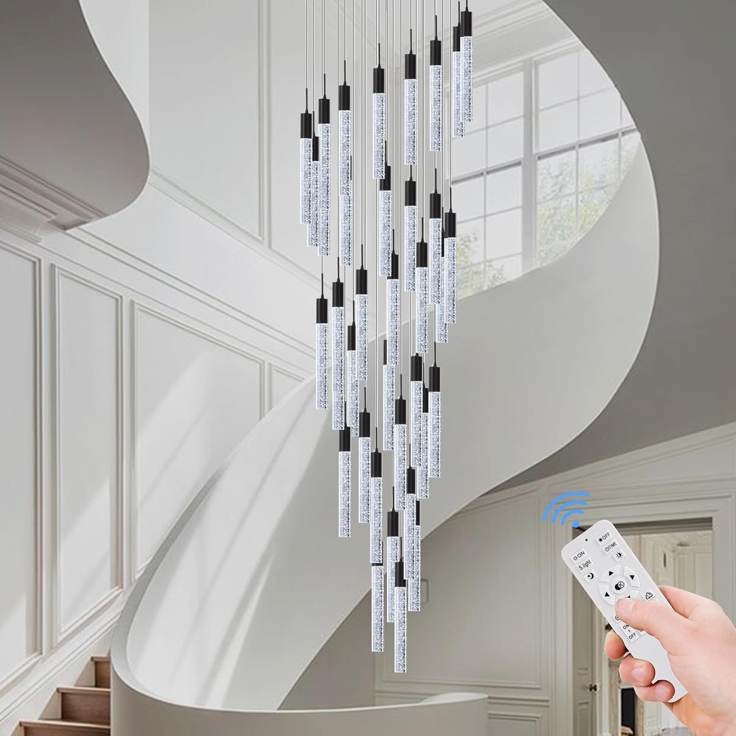 Modern High Ceiling Crystal Foyer Chandelier 36-Lights, H197'' Black Large Spiral LED Bubble Raindrop Lighting Fixture for Staircase Entryway Living Room