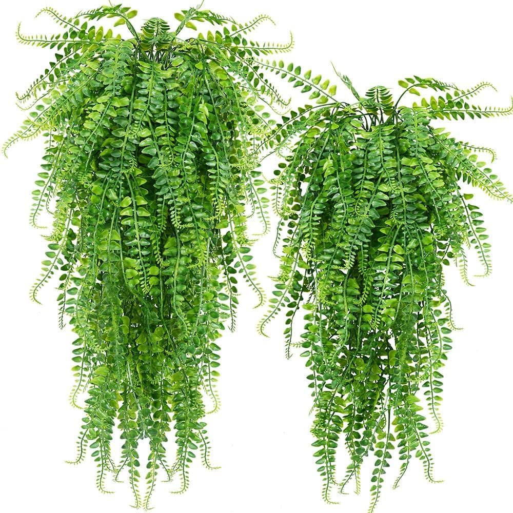 Artificial Hanging Plants 6pack Fake Hanging Ferns Plant Faux Fake Ivy Boston Fern Plant Outdoor UV Resistant Plastic Plants (6, Green)