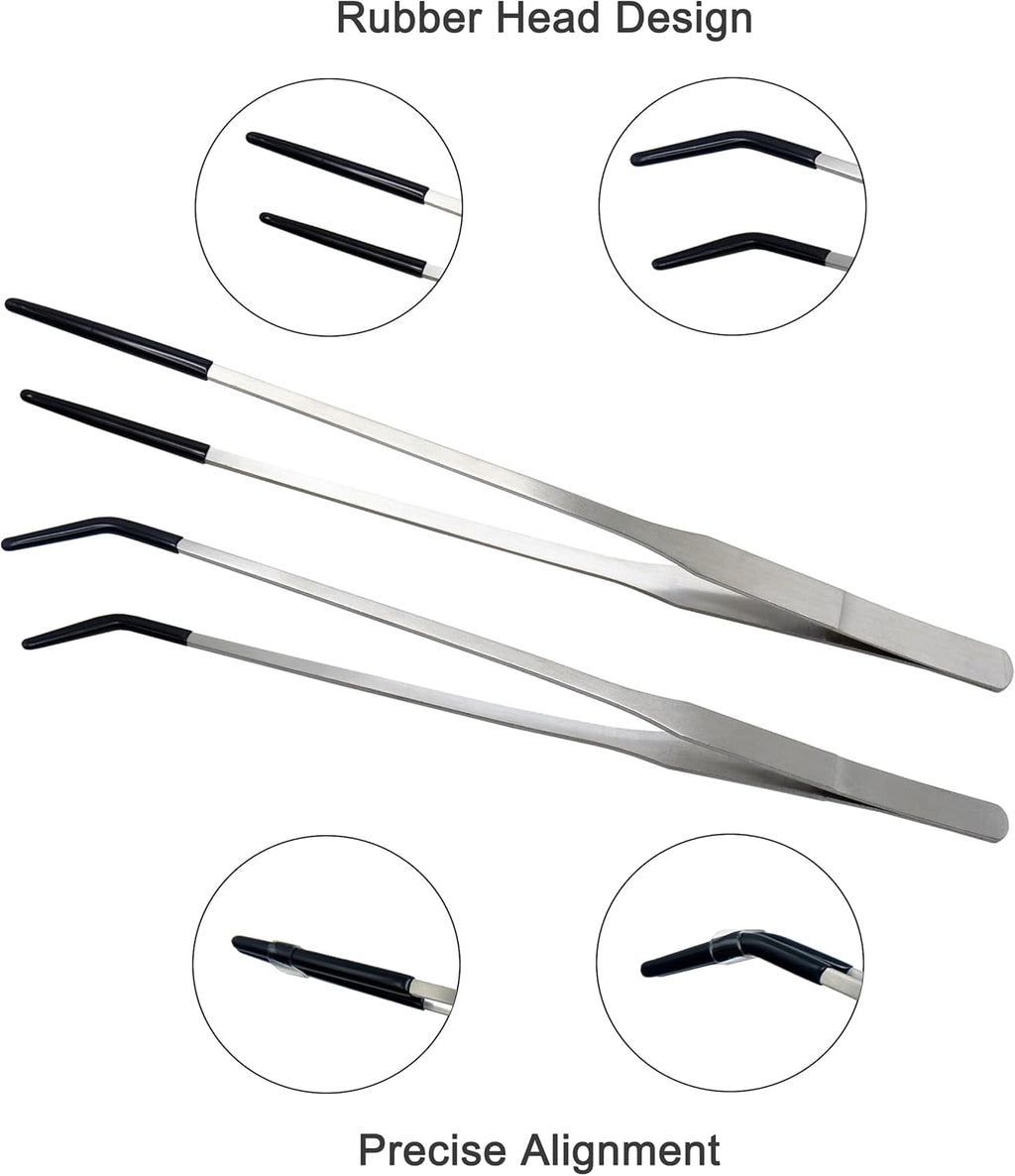 VraySang 2 PCS 10.6" Stainless Steel Reptile Feeding Tongs with Rubber Tips, Straight & Curved Tweezers for Bearded Dragon Tank Accessories, Lizard Snake Enclosure, Aquarium Crafts- Terrarium Supplies