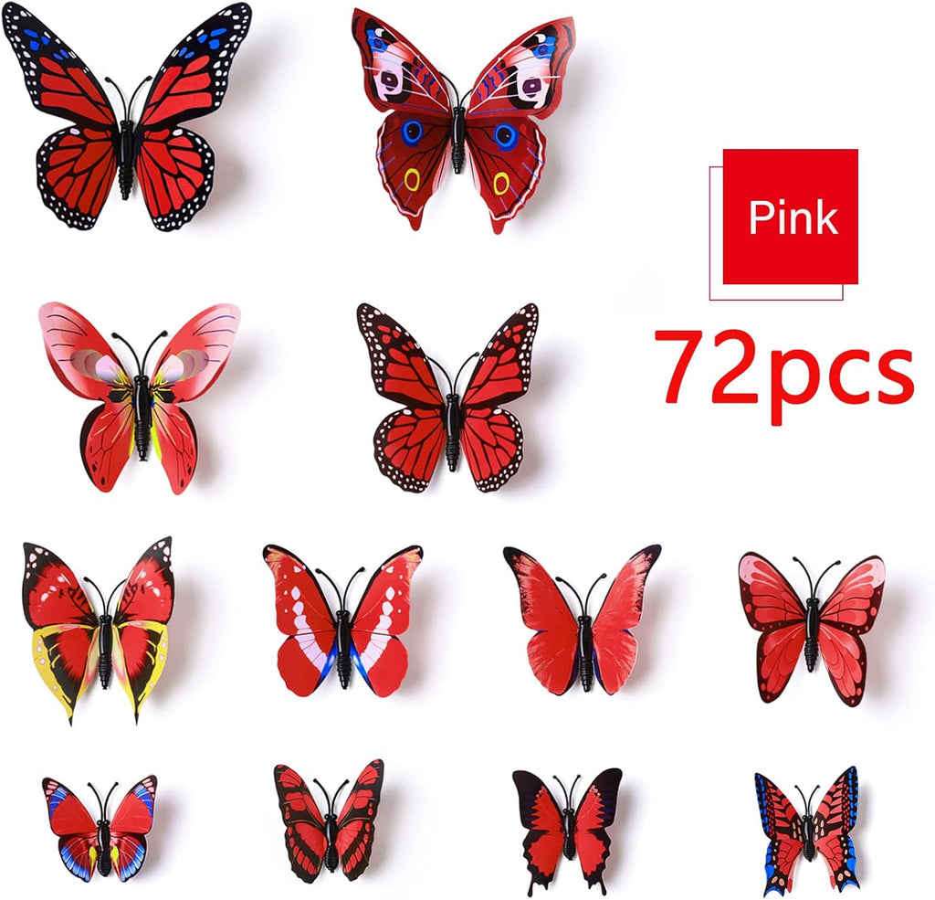 LiveGallery 72 PCS Red Removable 3D DIY Beautiful Butterfly Wall Decals Colorful Butterflies Art Decor Wall Stickers Murals for Kids Baby Boy Girls Bedroom Classroom Offices (Red)