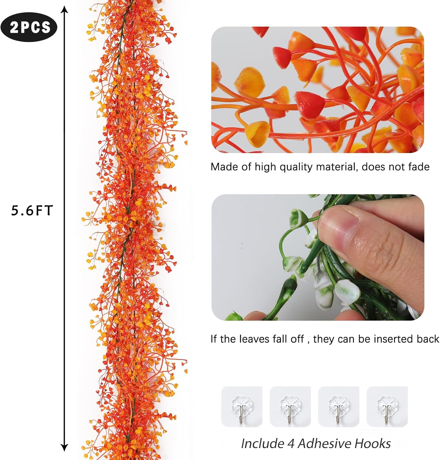 RECUTMS Artificial Hanging Plant 2Pcs 5.6Ft Fall Garland Plant Greenery Faux Ferns Leaves Fake Ivy Garland for Home Indoor Outdoor Wedding Table Centerpiece Party Garden Decor(Orange)