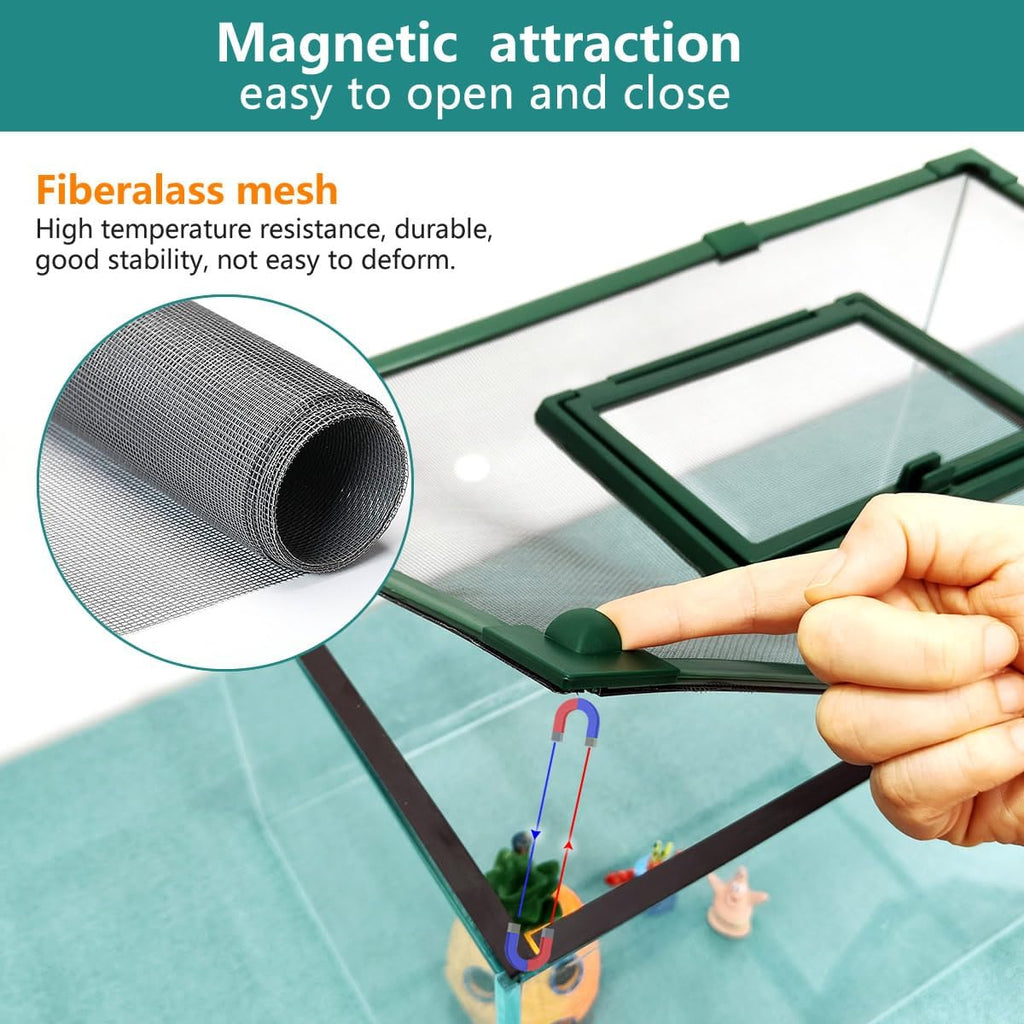 Magnetic Fish Tank Cover with Feeding Window Green Frame Grey Fiberglass Mesh, DIY Magnetic Fish Tank Lid 39"x19"(100x50CM), Preventing Fish from Jumping Out The Size can be Adjusted Smaller