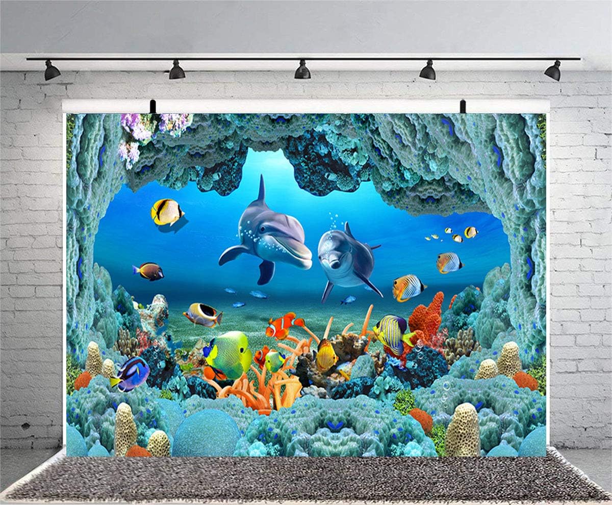 Sensfun 8x6ft 3D Underwater World Photo Backdrop Aquarium Coral Fish Under Sea Cave Dolphin Photography Background for Baby Shower Birthday Cake Table Decor Children Portrait Photo Studio Props(WP124)