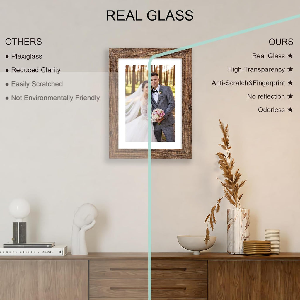 7x10 Picture Frame Set of 4, Made of Real Glass and Rustic Brown Frame - Display Picture 5.5x8.5 with Mat or 7x10 Without Mat, 7 by 10 Photo for Wall or Tabletop