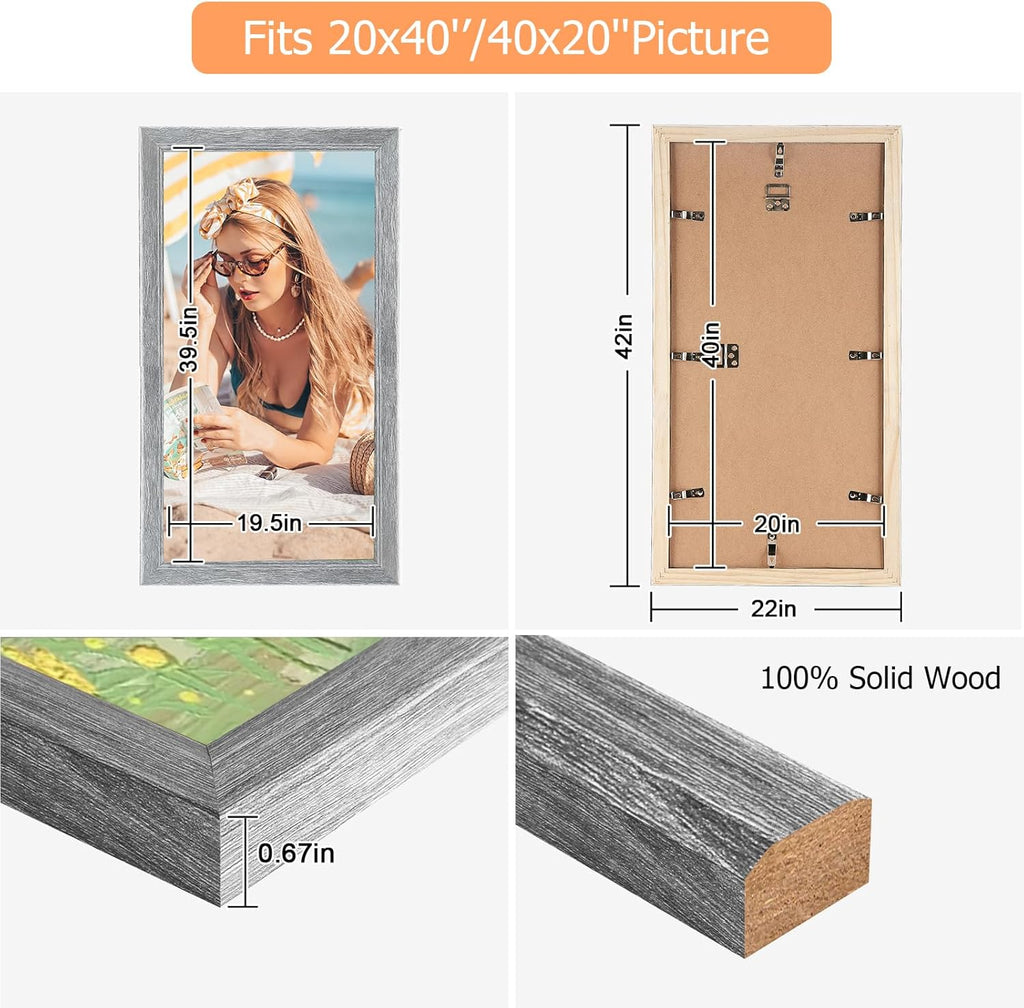 20x40 Wood Frame Gray, Rustic Natural Grey Wooden 40x20in Poster Picture Frame, Distressed 20 x 40inch Woodgrain Gallery Photo Frame with HD Plexiglass, Horizontal Vertical Wall Mounting Display 1pcs