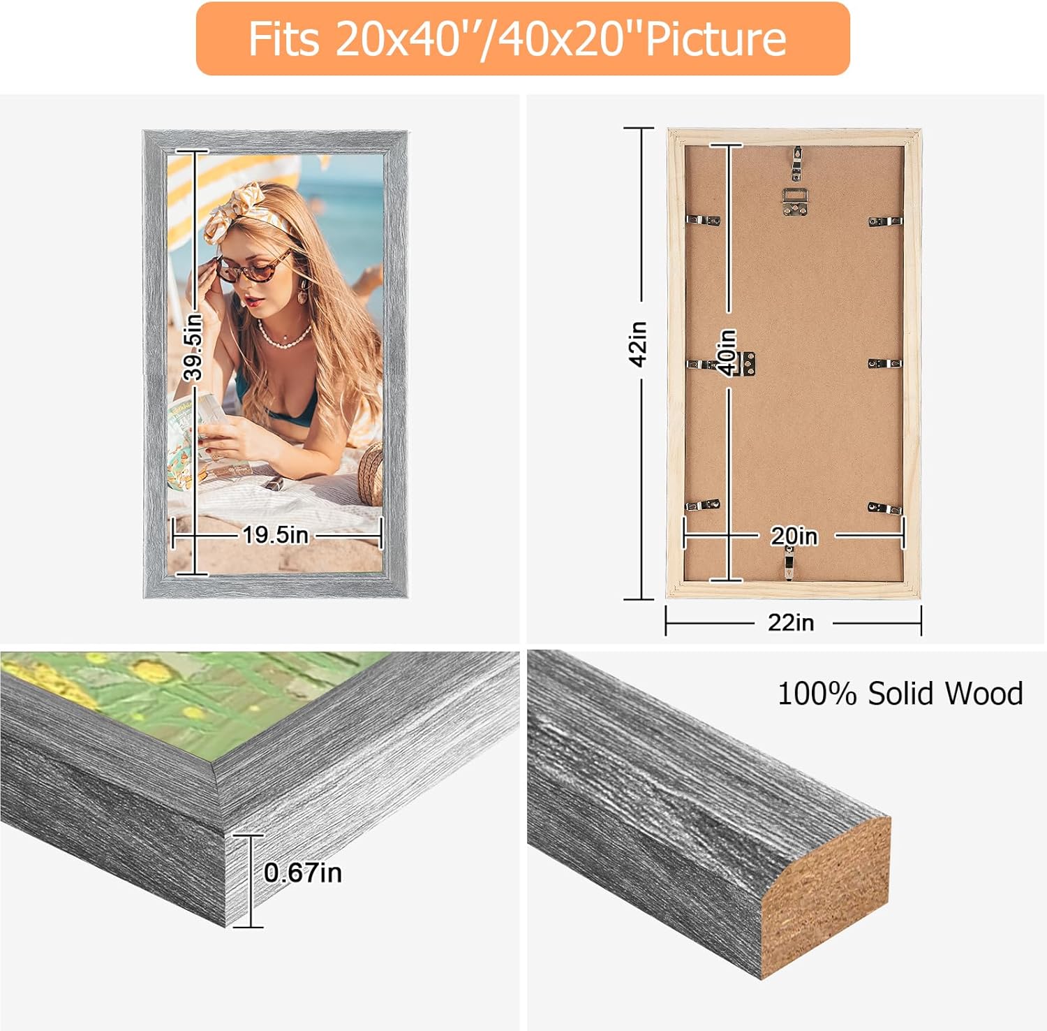 20x40 Wood Frame Gray, Rustic Natural Grey Wooden 40x20in Poster Picture Frame, Distressed 20 x 40inch Woodgrain Gallery Photo Frame with HD Plexiglass, Horizontal Vertical Wall Mounting Display 1pcs