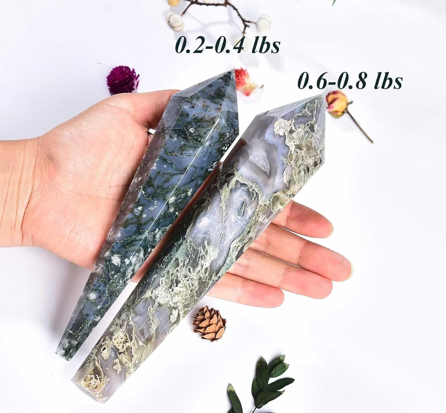 Moss Agate Wand Point Long Healing Crystal Scepter Decorative Stone Reiki Meditation with Display Stand Home Office Decor 0.8-1.1LBS