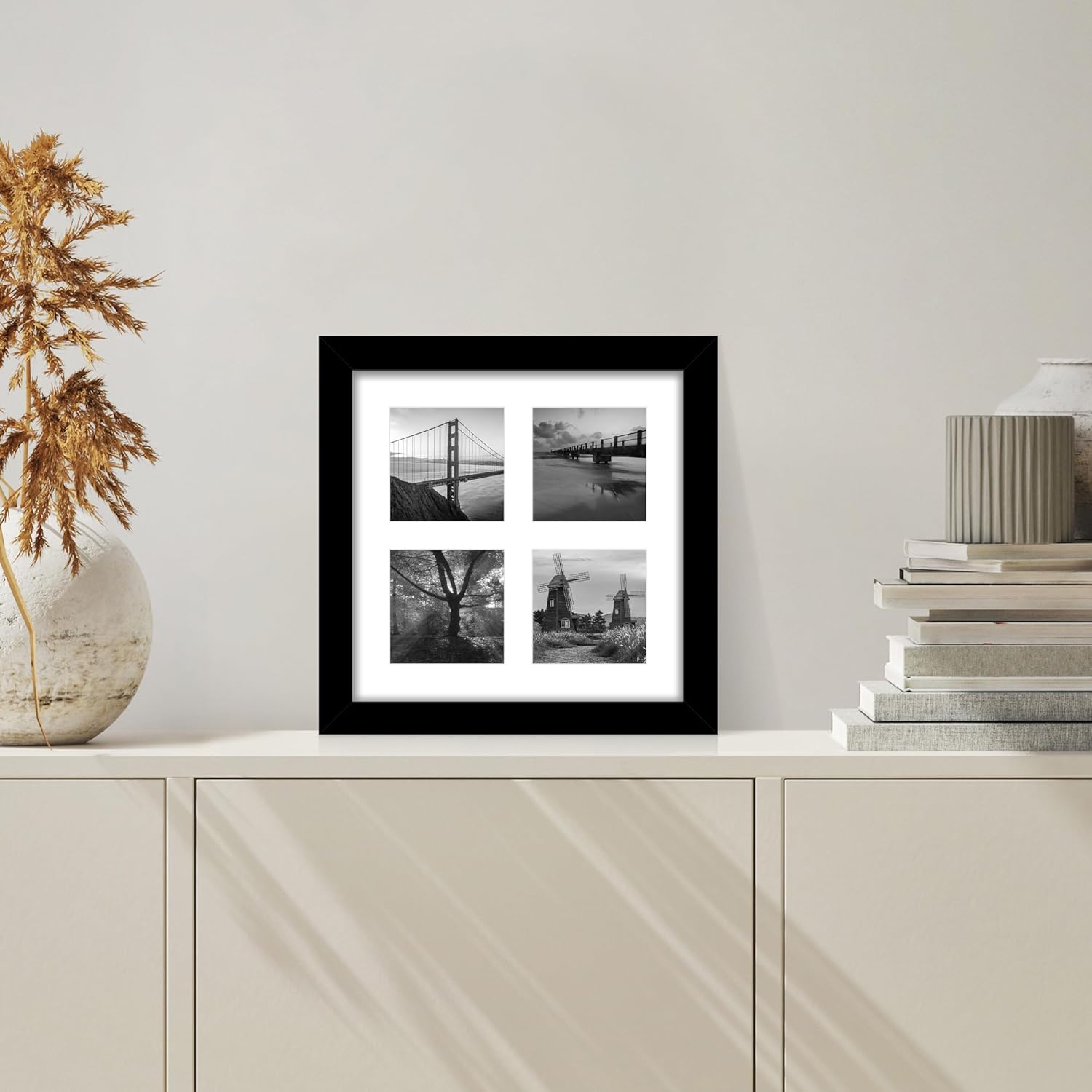 10x10 Picture Frame Set of 2, Real Glass and Black Collage Frame, Display Pictures Four Opening 4x4 With Mat or 10 x 10 Without Mat for Wall Hanging or Tabletop