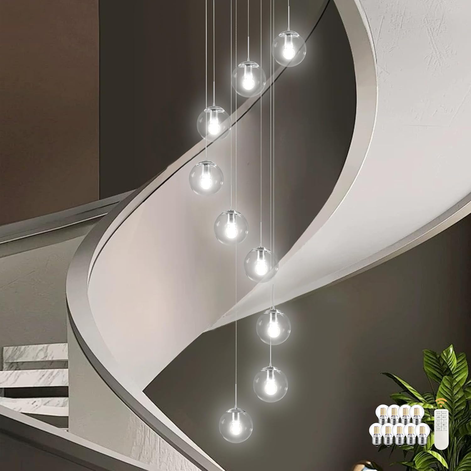 KoKo&Yukina 9-Light Globe Glass Pendant Light Adjustable Length Pendant Lights Fixtures Modern Nickel Clear Globe Glass Chandelier High Ceiling Lights Fixtures for Staircase (Bulb & Remote Incl.)