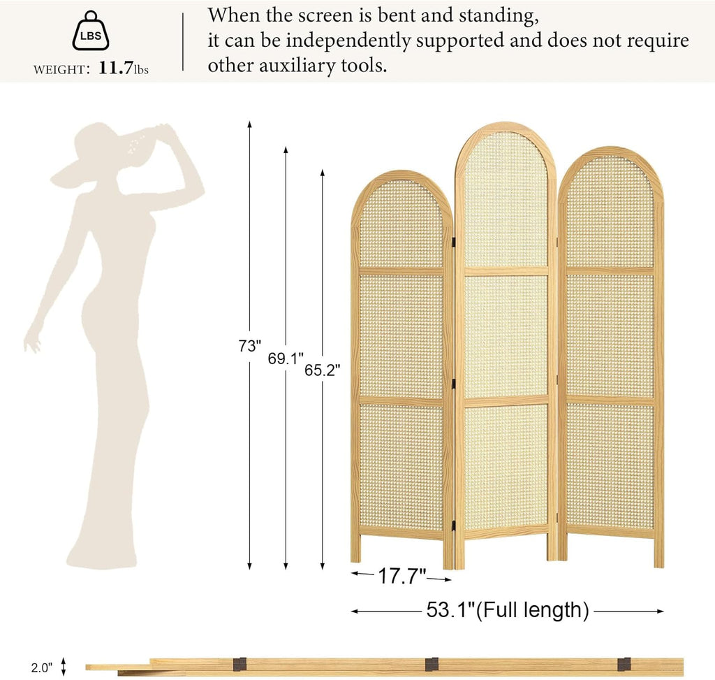 3-Panel Hand-Woven Rattan Room Divider, Tall Foldable Privacy Screen with Wooden Frame - Freestanding Portable Partition for Home Office, Bedroom, Bathroom(Natural-Wave)