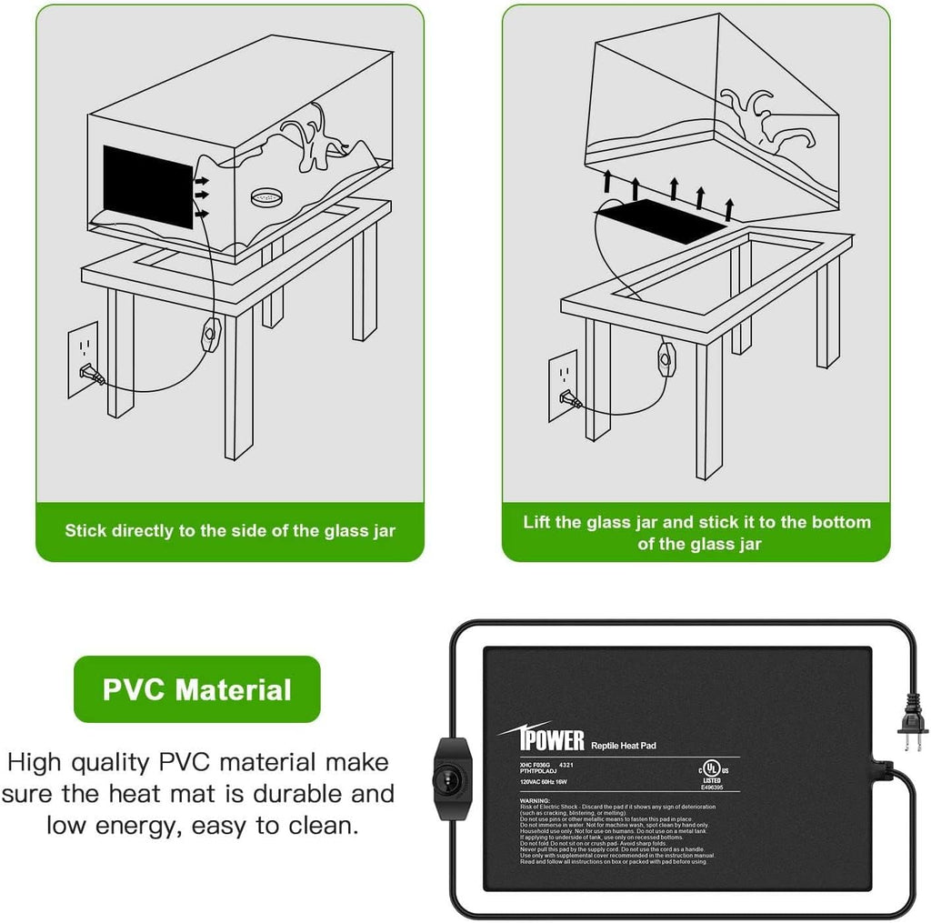 iPower 8x12 Inch Reptile Heating Pad with Adjustable Controller Knob, Under Tank Heater Mat for Turtles, Lizards, Snakes, Amphibians & Small Pets, 2 Pack