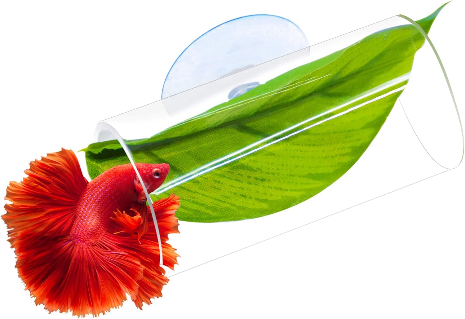 Acrylic Betta Hammock Tunnel, Betta Fish Tank Accessories & Aquarium Tunnel Decor, Fish Tank Hideout with Soft Faux Leaf Hammock, Beta Bed Resting Spot for Bettas (S Size — 3.14" × 1.57" OD)