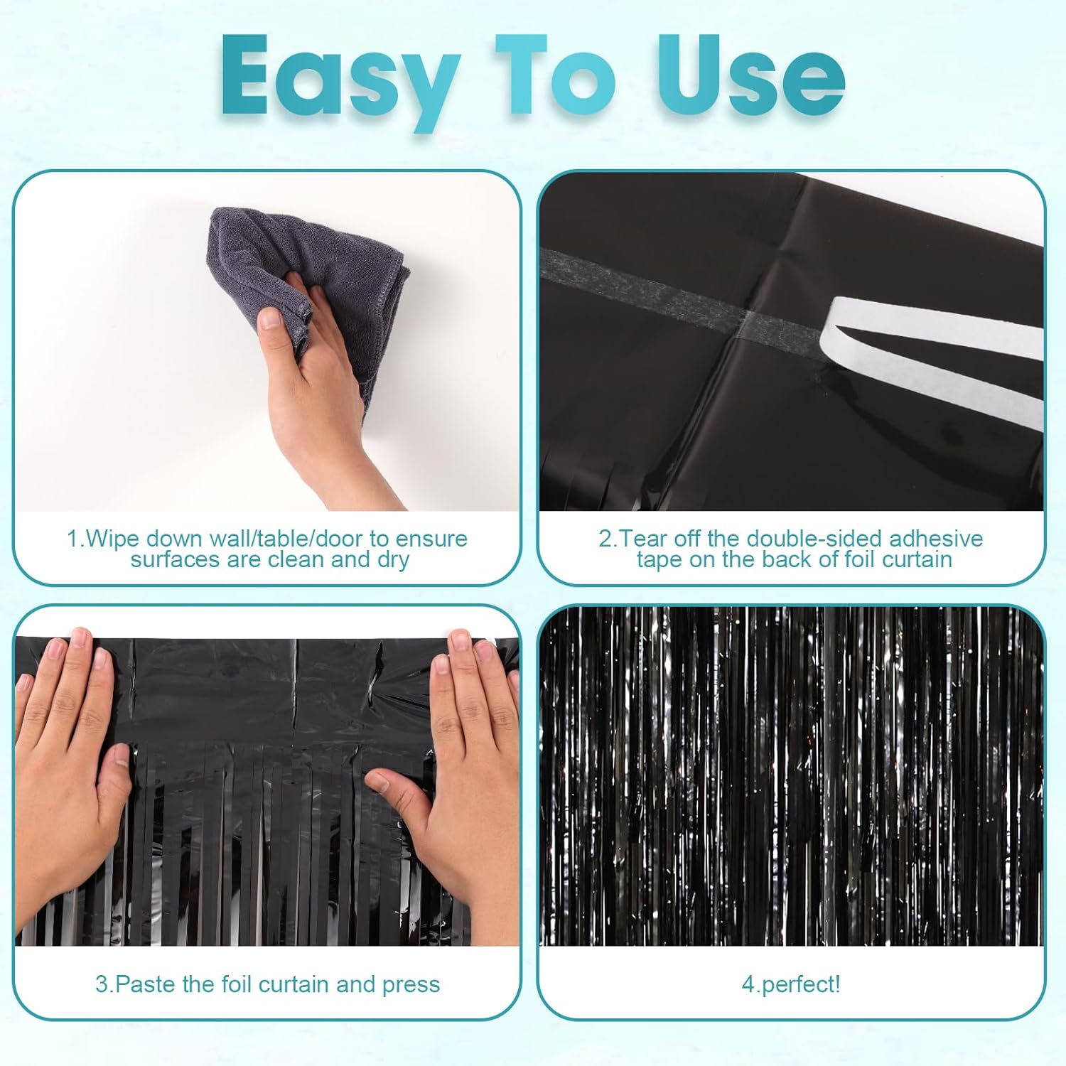 2 Pack Black Tinsel Foil Fringe Curtains, Black Party Decorations, Metallic Tinsel Party Streamers Backdrop for Birthday Halloween New Years Graduation Party Decorations
