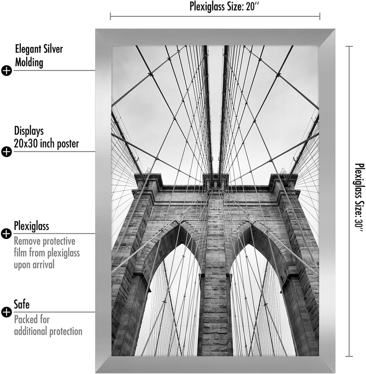 Americanflat 20x30 Poster Frame with Polished Plexiglass - Silver Picture Frame - Wide Photo Frames Made of Engineered Wood for Vertical or Horizontal Wall Display - Epic Collection - Silver