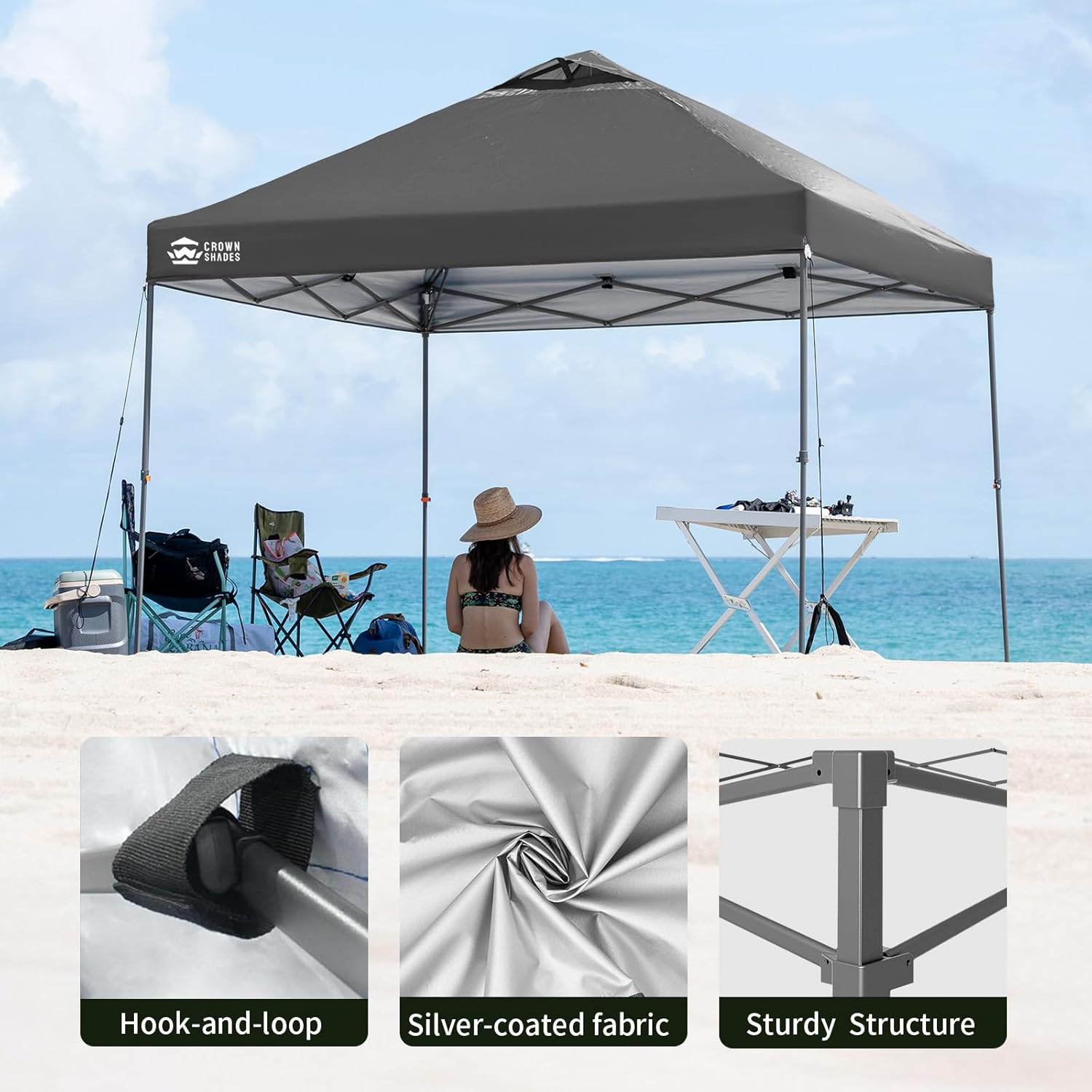 CROWN SHADES Adjustable Height on The Fly, 10x10 Pop Up Canopy - Beach Tent with One Push Setup - Easy Outdoor Sun Shade for Events, Parties, Camping - Outside Shade with STO-N-Go Bag, Grey