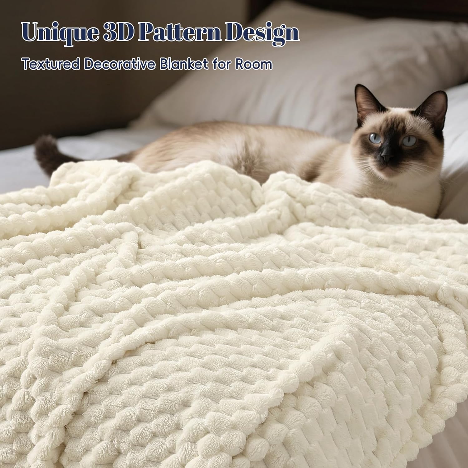 PHF Ultra Soft Flannel Fleece Blanket King Size, Lightweight 3D Jacquard Fleece Blanket, No Shedding, No Pilling, Luxury 340GSM Aesthetic Fluffy Cozy for Bed Room Decor, 108"x90", Cream